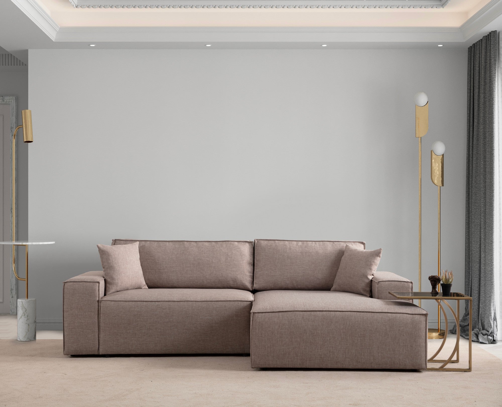 Sofá-cama de canto elegante, marrom, 260 cm | Estrutura em madeira de faia e aglomerado, 100% poliéster | Mecanismo deslizante, tecido lavável a seco, perfeito para ambientes modernos