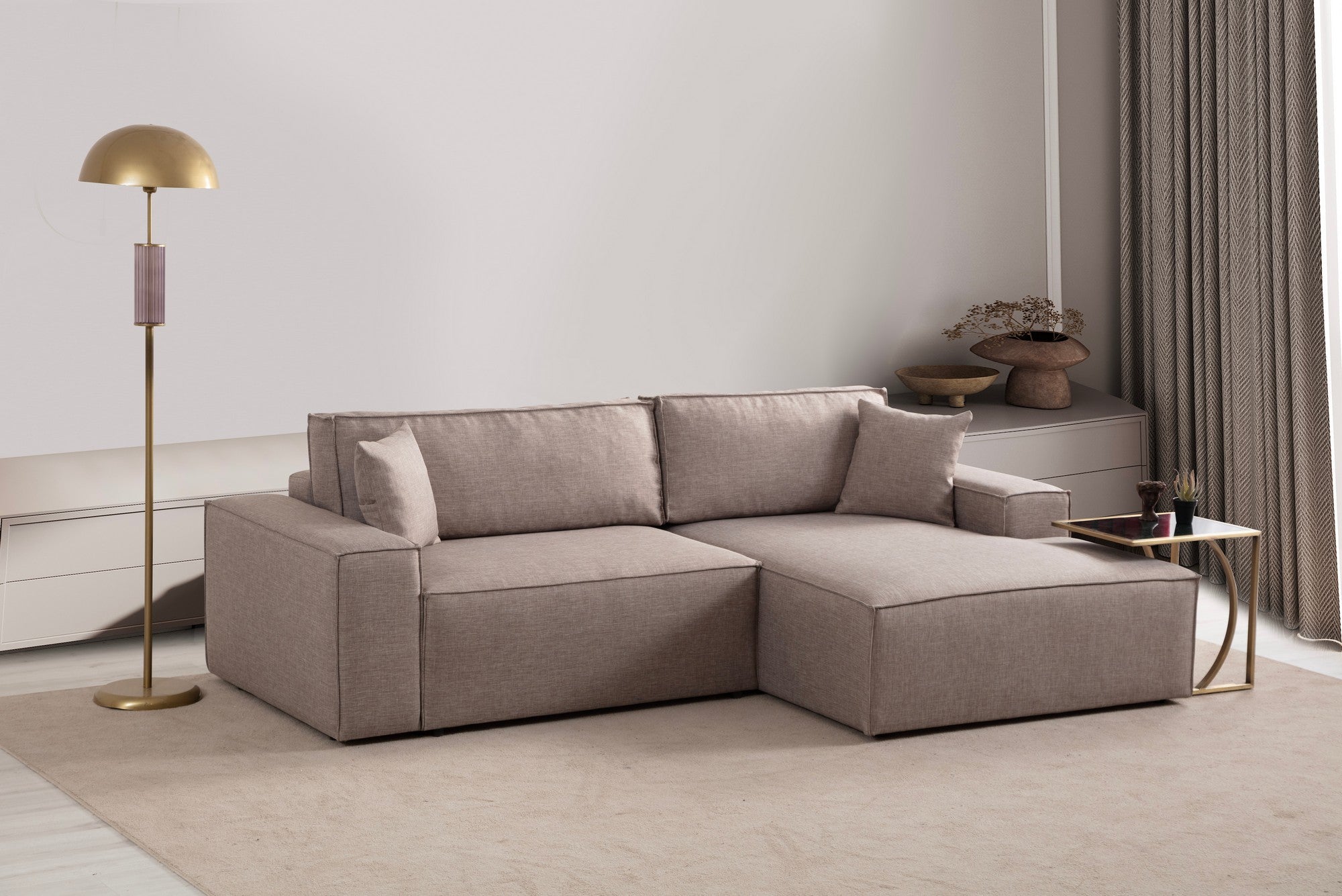 Sofá-cama de canto elegante, marrom, 260 cm | Estrutura em madeira de faia e aglomerado, 100% poliéster | Mecanismo deslizante, tecido lavável a seco, perfeito para ambientes modernos