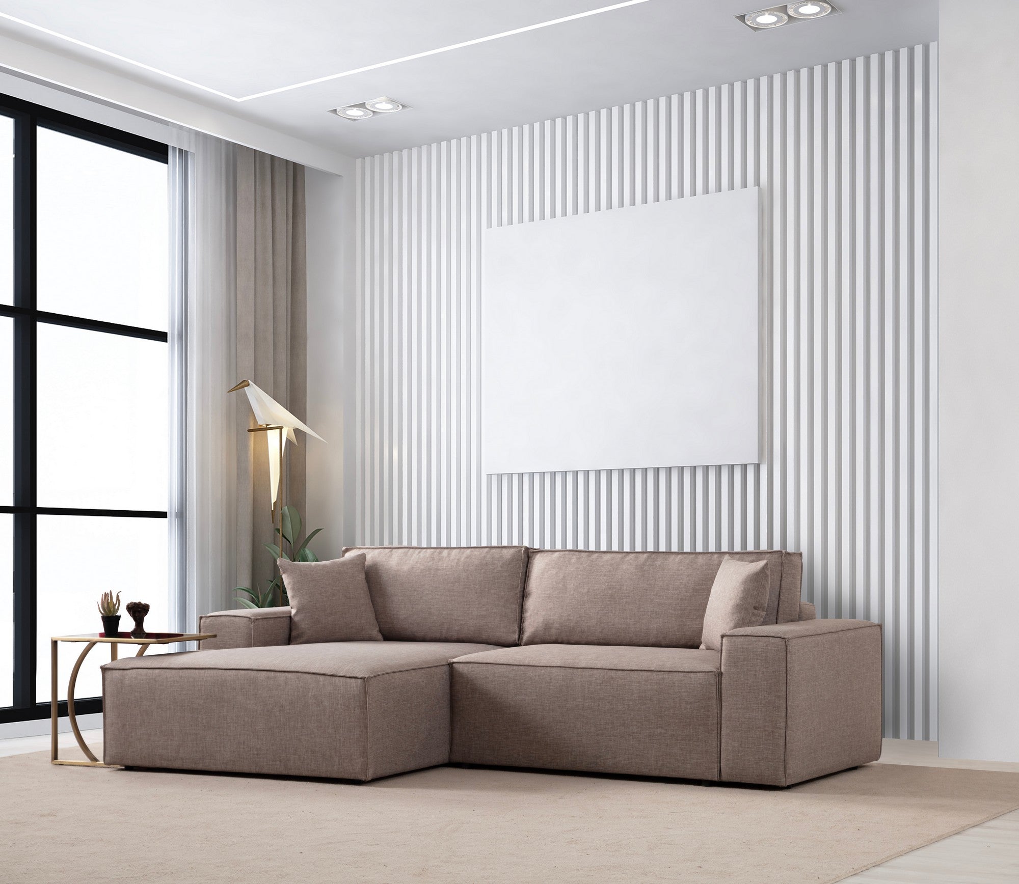 Sofá-cama de canto elegante, marrom, 260 cm | Estrutura em madeira de faia e aglomerado, 100% poliéster | Mecanismo deslizante, espuma macia, tecido lavável a seco | Perfeito para espaços modernos