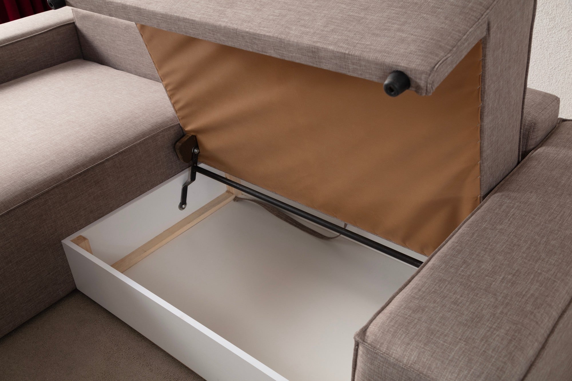 Sofá-cama de canto elegante, marrom, 260 cm | Estrutura em madeira de faia e aglomerado, 100% poliéster | Mecanismo deslizante, espuma macia, tecido lavável a seco | Perfeito para espaços modernos