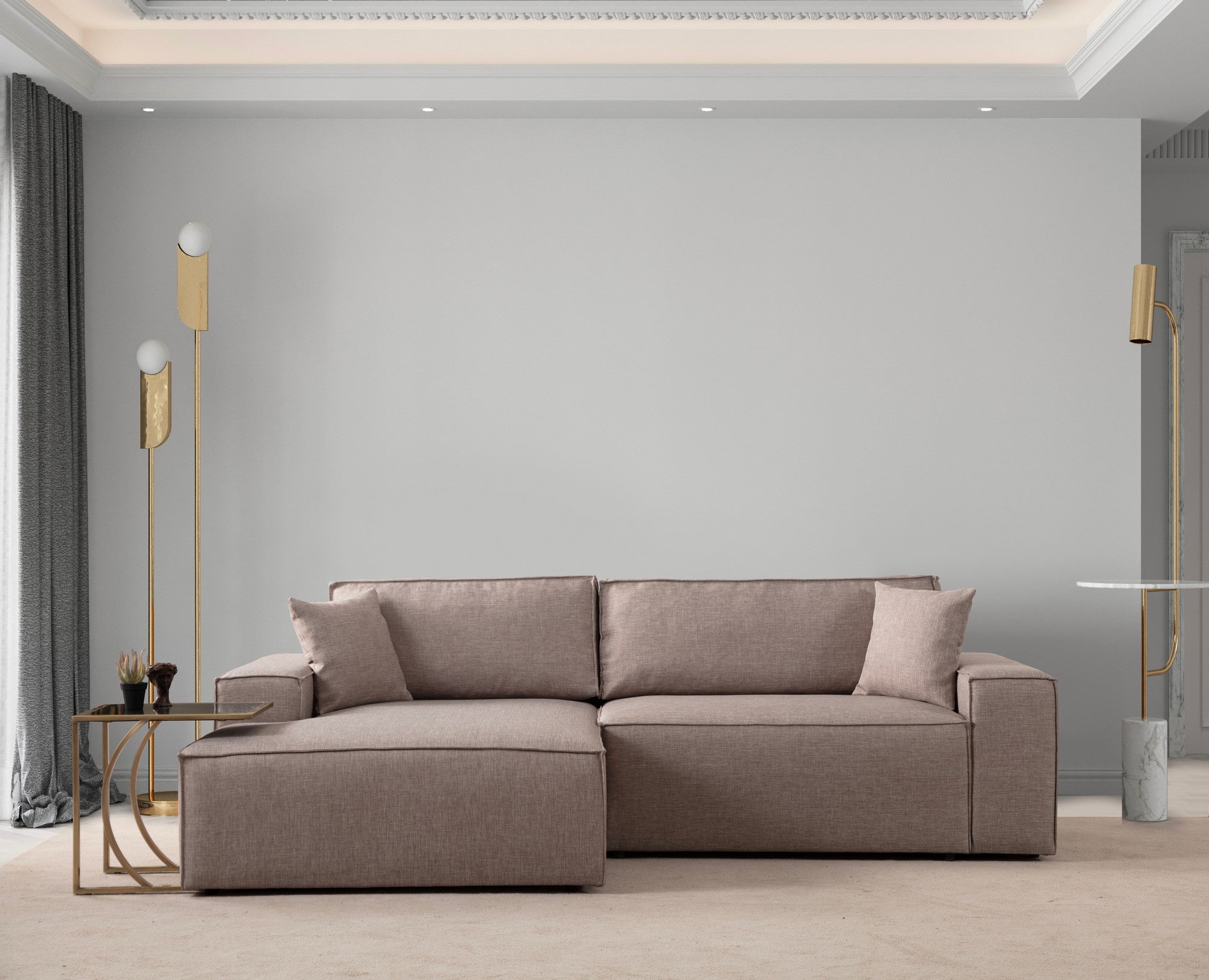Sofá-cama de canto elegante, marrom, 260 cm | Estrutura em madeira de faia e aglomerado, 100% poliéster | Mecanismo deslizante, espuma macia, tecido lavável a seco | Perfeito para espaços modernos