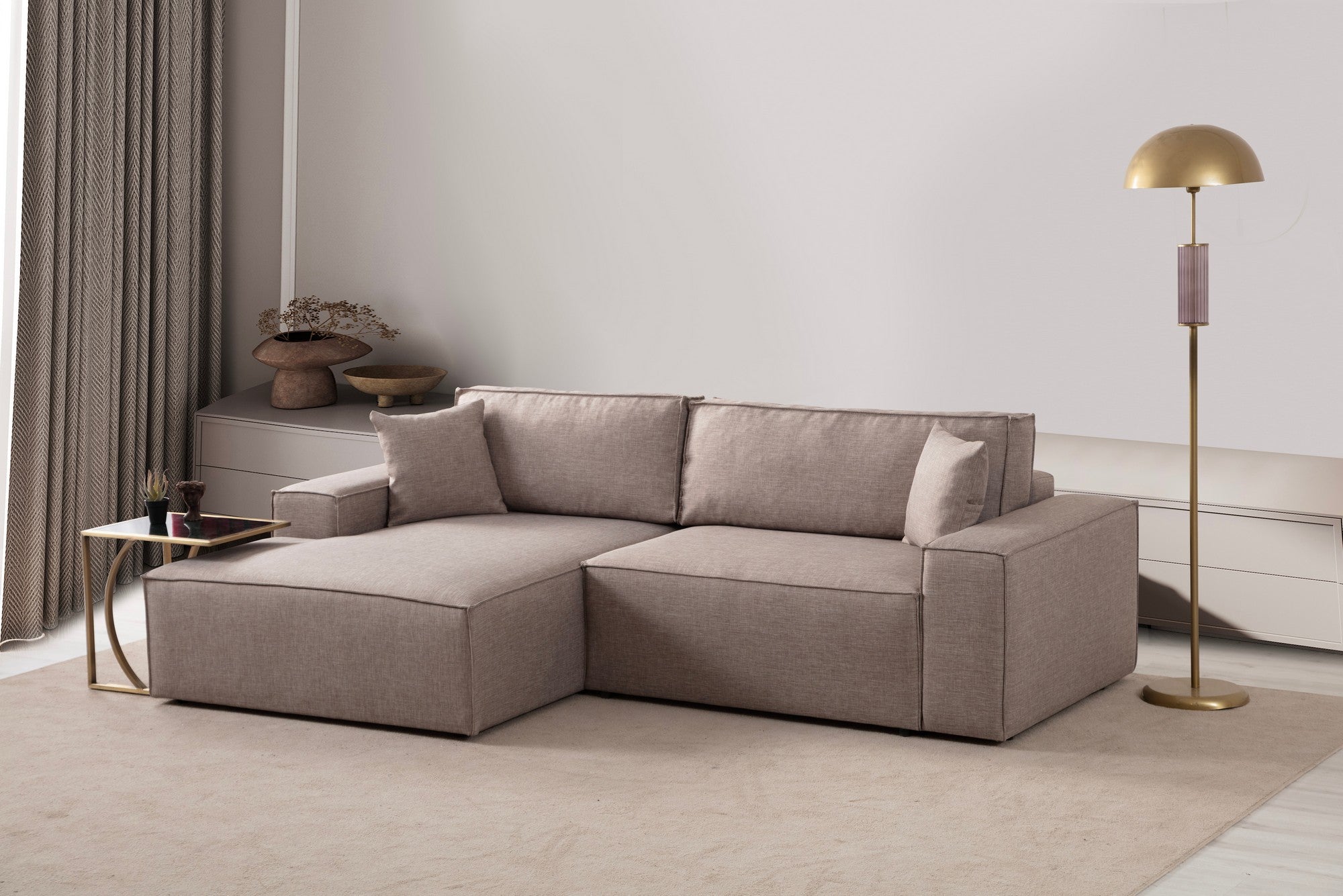 Sofá-cama de canto elegante, marrom, 260 cm | Estrutura em madeira de faia e aglomerado, 100% poliéster | Mecanismo deslizante, espuma macia, tecido lavável a seco | Perfeito para espaços modernos