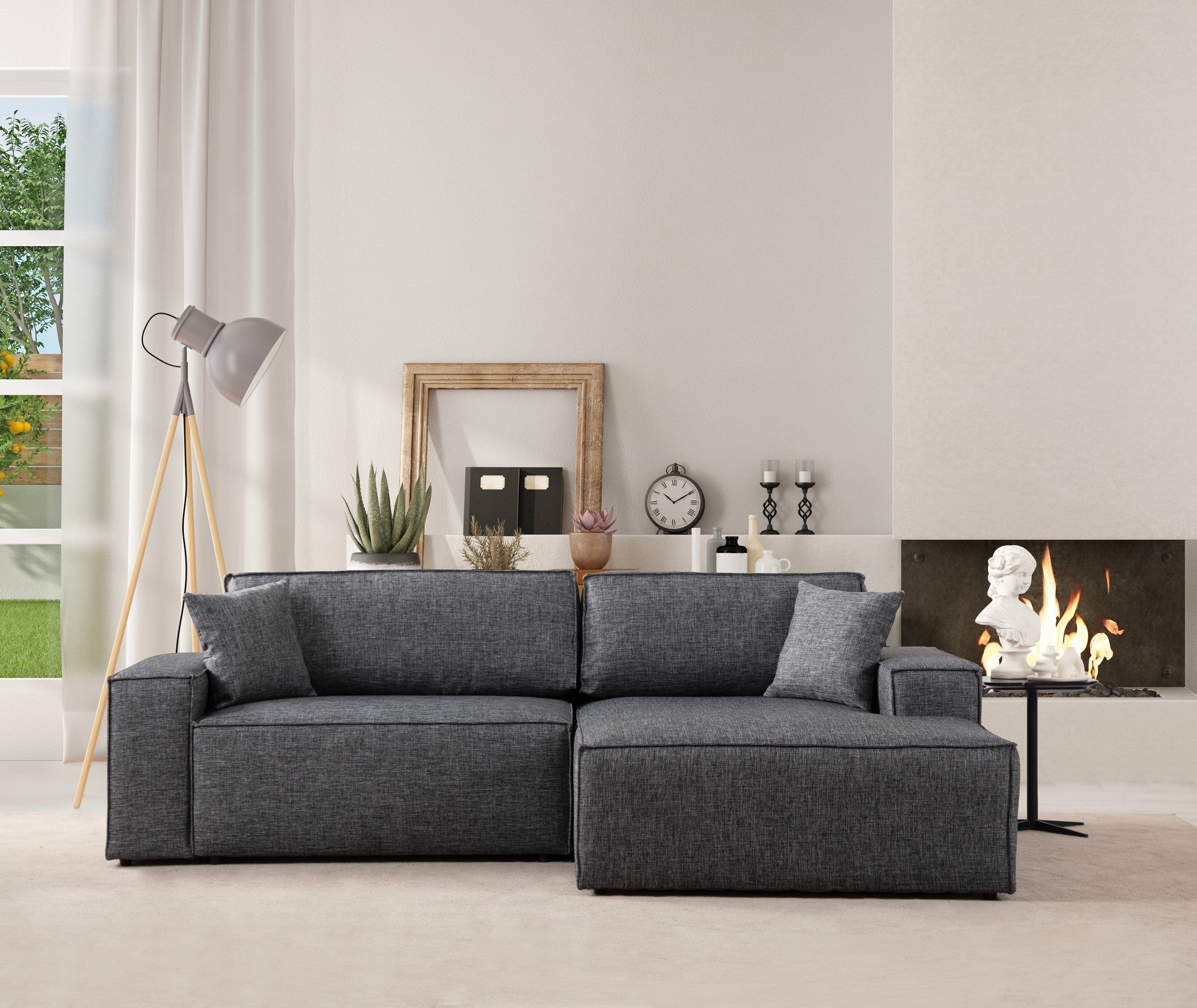 Sofá-cama de canto elegante, cinza escuro, 260 cm | Estrutura em madeira de faia e aglomerado, 100% poliéster | Mecanismo deslizante, espuma macia, perfeito para espaços modernos