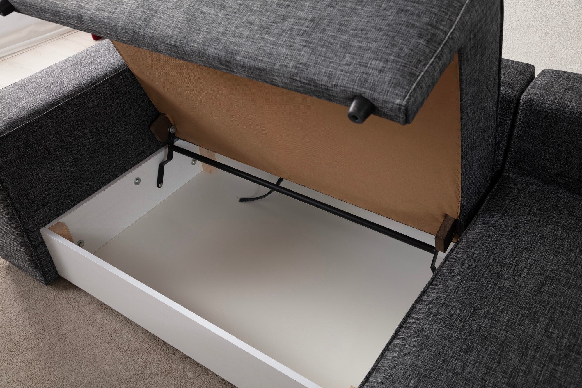 Sofá-cama de canto elegante, cinza escuro, 260 cm | Estrutura em madeira de faia e aglomerado, 100% poliéster | Mecanismo deslizante, espuma macia, perfeito para espaços modernos