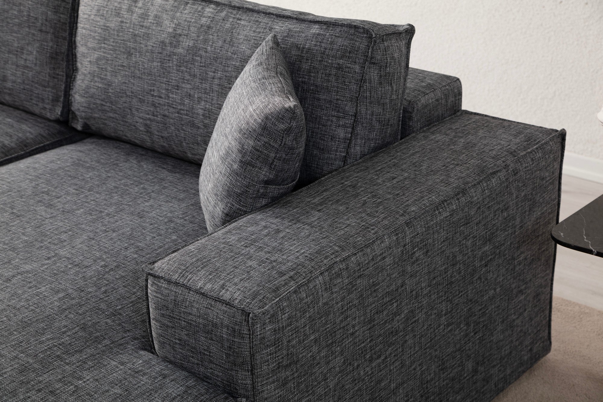 Sofá-cama de canto elegante, cinza escuro, 260 cm | Estrutura em madeira de faia e aglomerado, 100% poliéster | Mecanismo deslizante, espuma macia, perfeito para espaços modernos