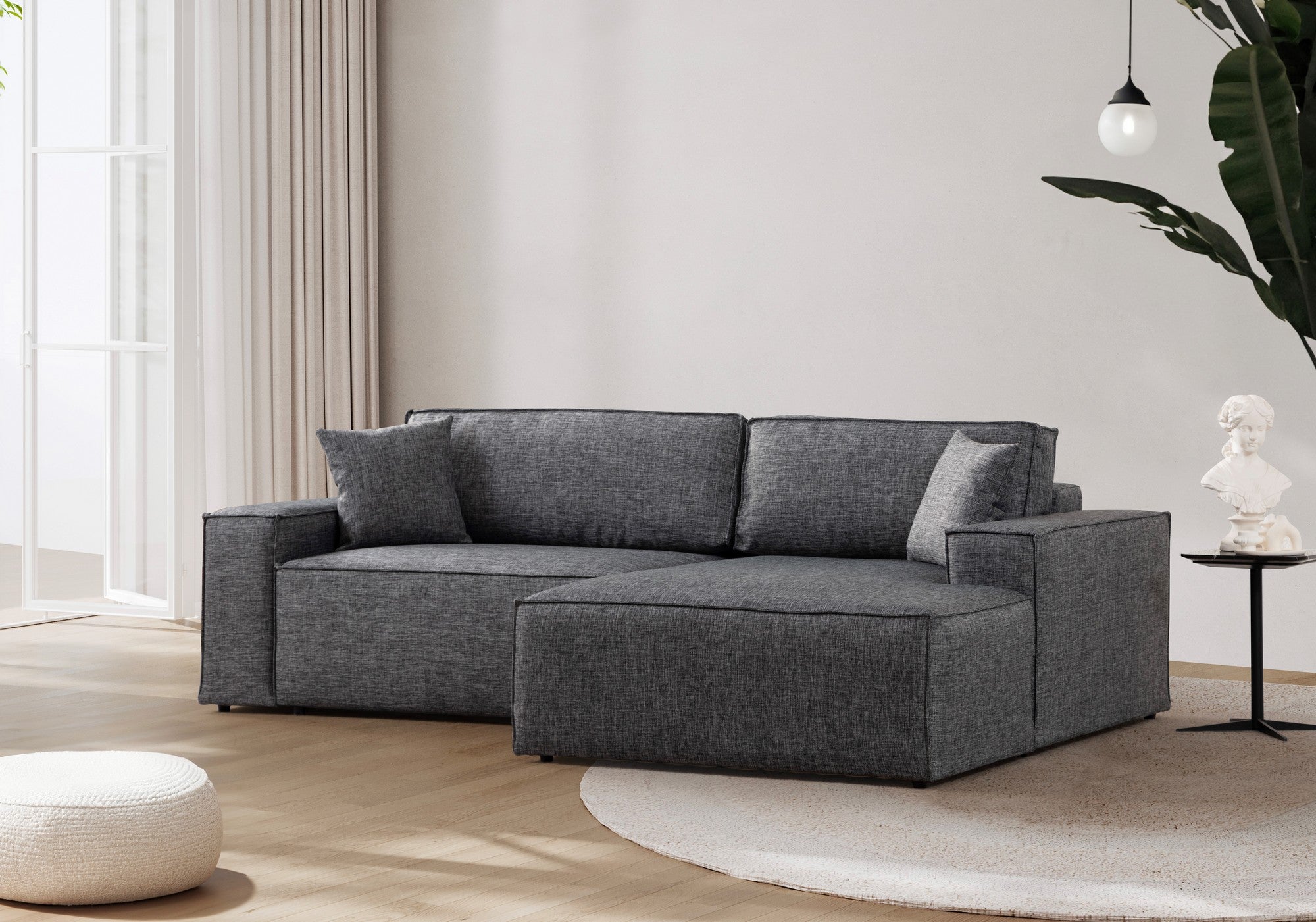 Sofá-cama de canto elegante, cinza escuro, 260 cm | Estrutura em madeira de faia e aglomerado, 100% poliéster | Mecanismo deslizante, espuma macia, perfeito para espaços modernos