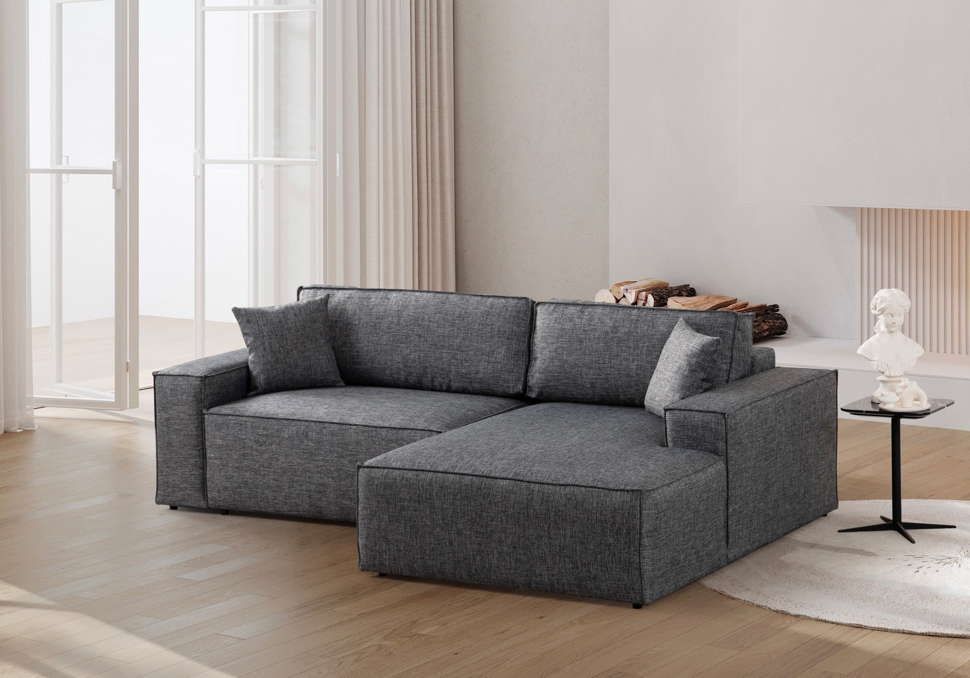 Sofá-cama de canto elegante, cinza escuro, 260 cm | Estrutura em madeira de faia e aglomerado, 100% poliéster | Mecanismo deslizante, espuma macia, perfeito para espaços modernos