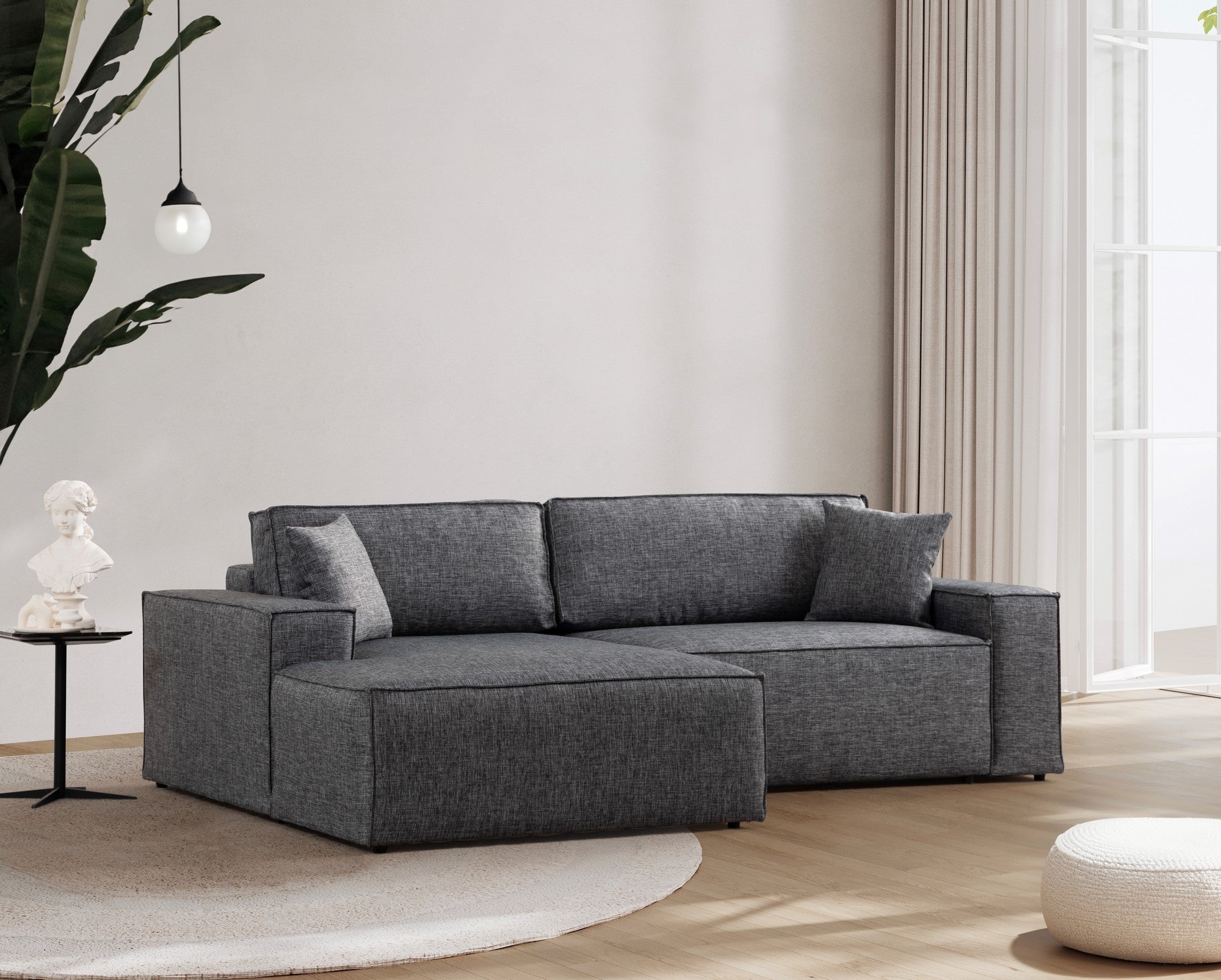 Sofá-cama de canto elegante, cinza escuro, 260 cm | Estrutura em madeira de faia e aglomerado, 100% poliéster | Mecanismo deslizante, espuma confortável, perfeito para espaços modernos
