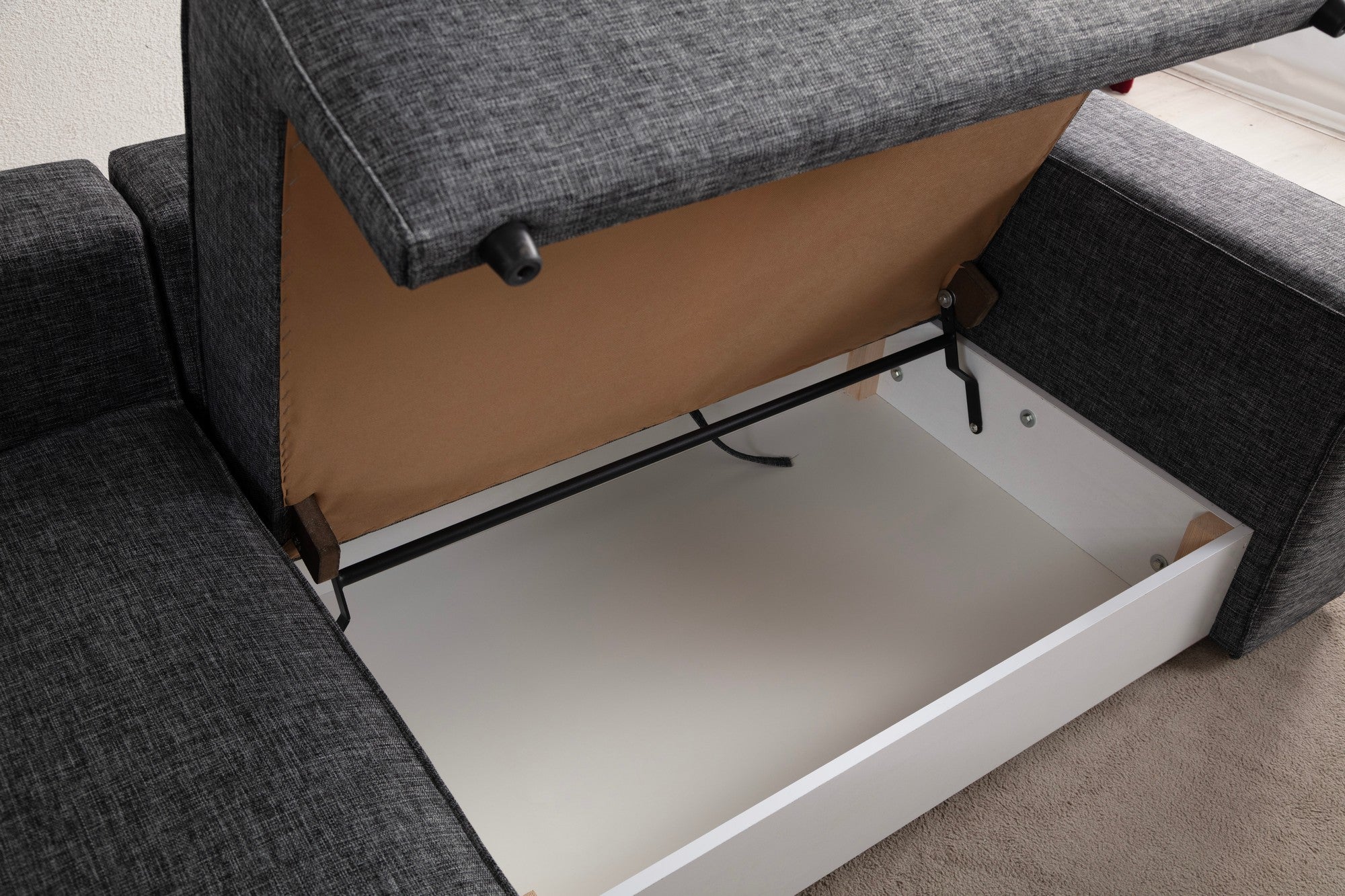Sofá-cama de canto elegante, cinza escuro, 260 cm | Estrutura em madeira de faia e aglomerado, 100% poliéster | Mecanismo deslizante, espuma confortável, perfeito para espaços modernos