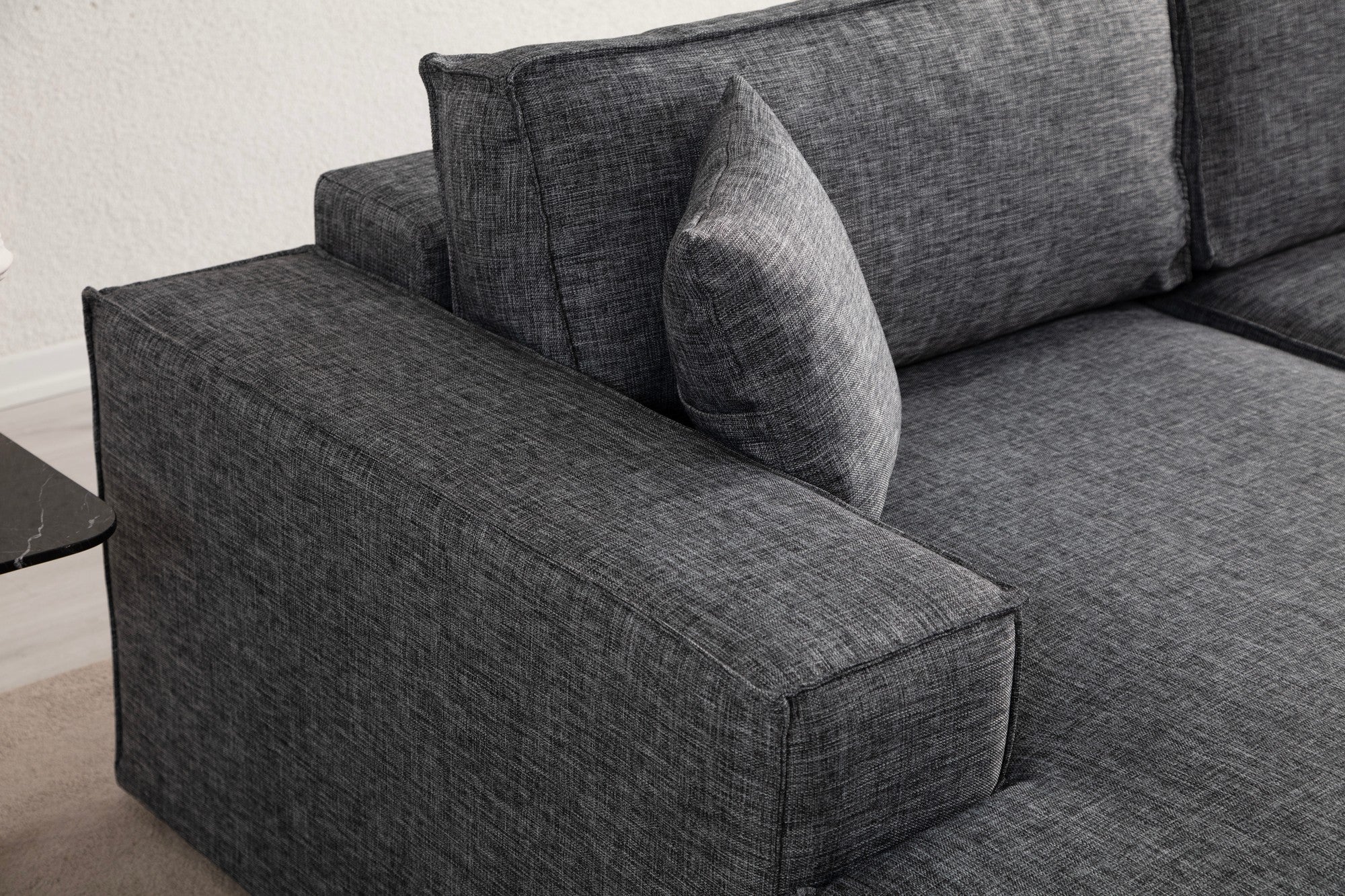 Sofá-cama de canto elegante, cinza escuro, 260 cm | Estrutura em madeira de faia e aglomerado, 100% poliéster | Mecanismo deslizante, espuma confortável, perfeito para espaços modernos