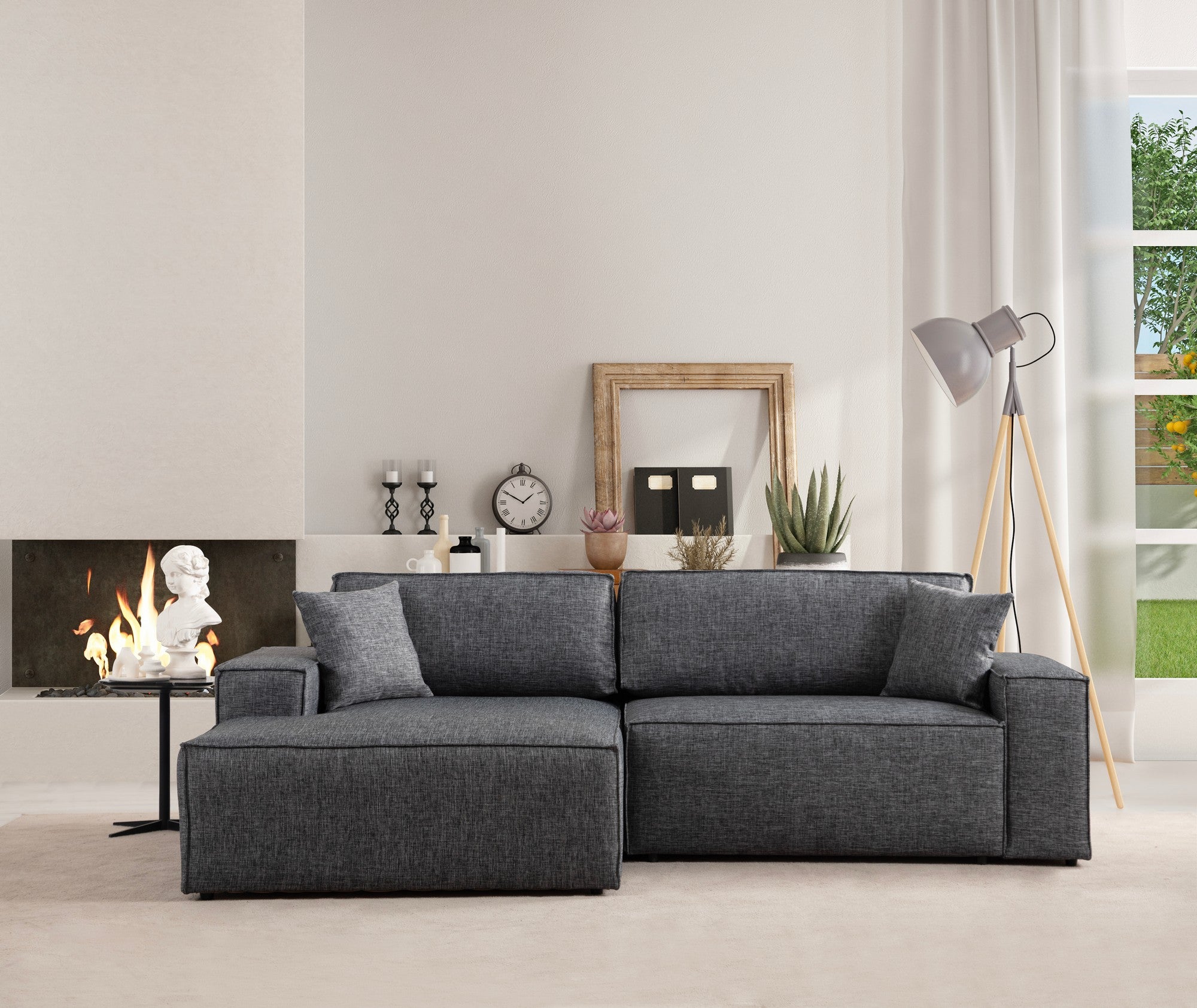 Sofá-cama de canto elegante, cinza escuro, 260 cm | Estrutura em madeira de faia e aglomerado, 100% poliéster | Mecanismo deslizante, espuma confortável, perfeito para espaços modernos