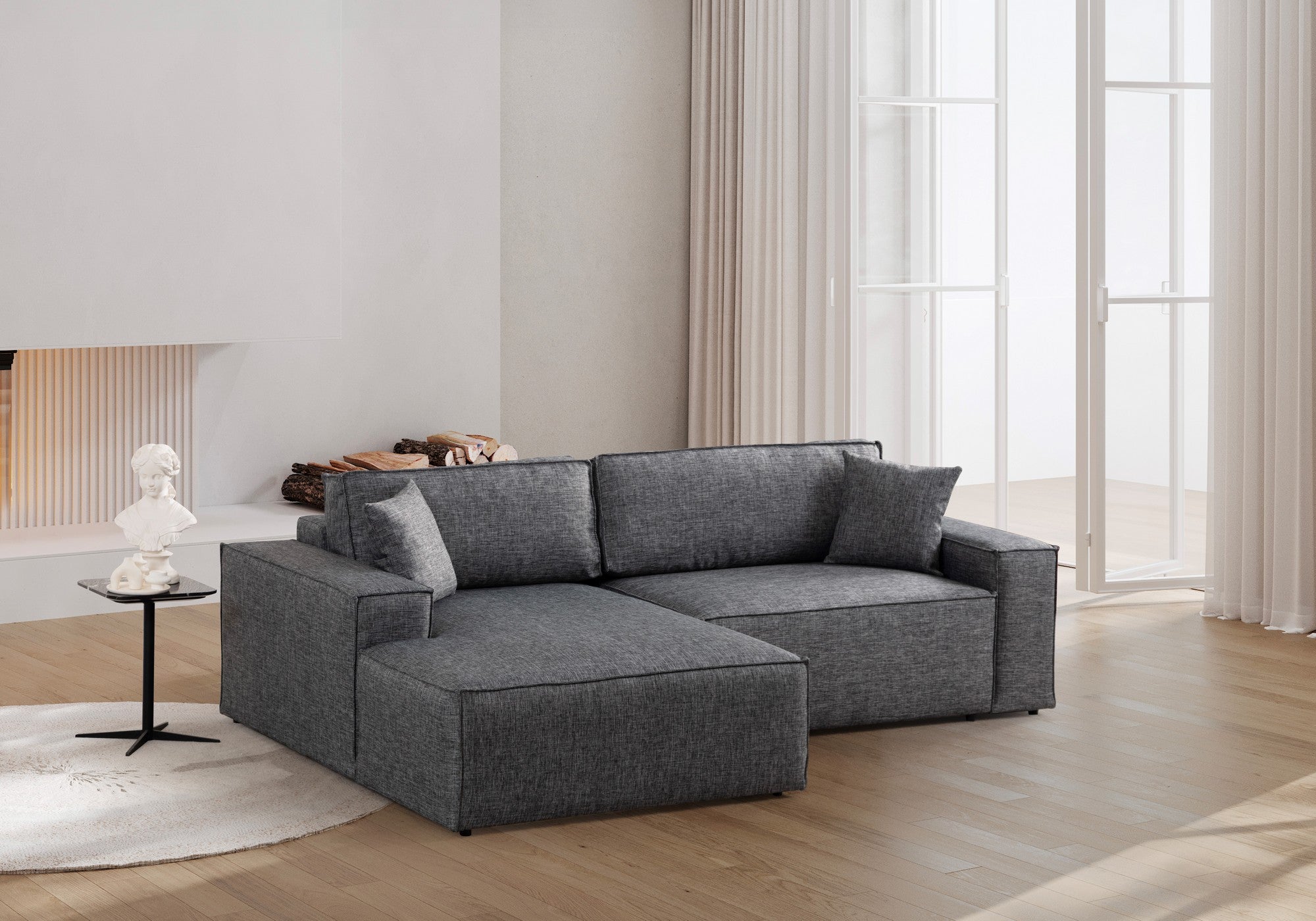 Sofá-cama de canto elegante, cinza escuro, 260 cm | Estrutura em madeira de faia e aglomerado, 100% poliéster | Mecanismo deslizante, espuma confortável, perfeito para espaços modernos
