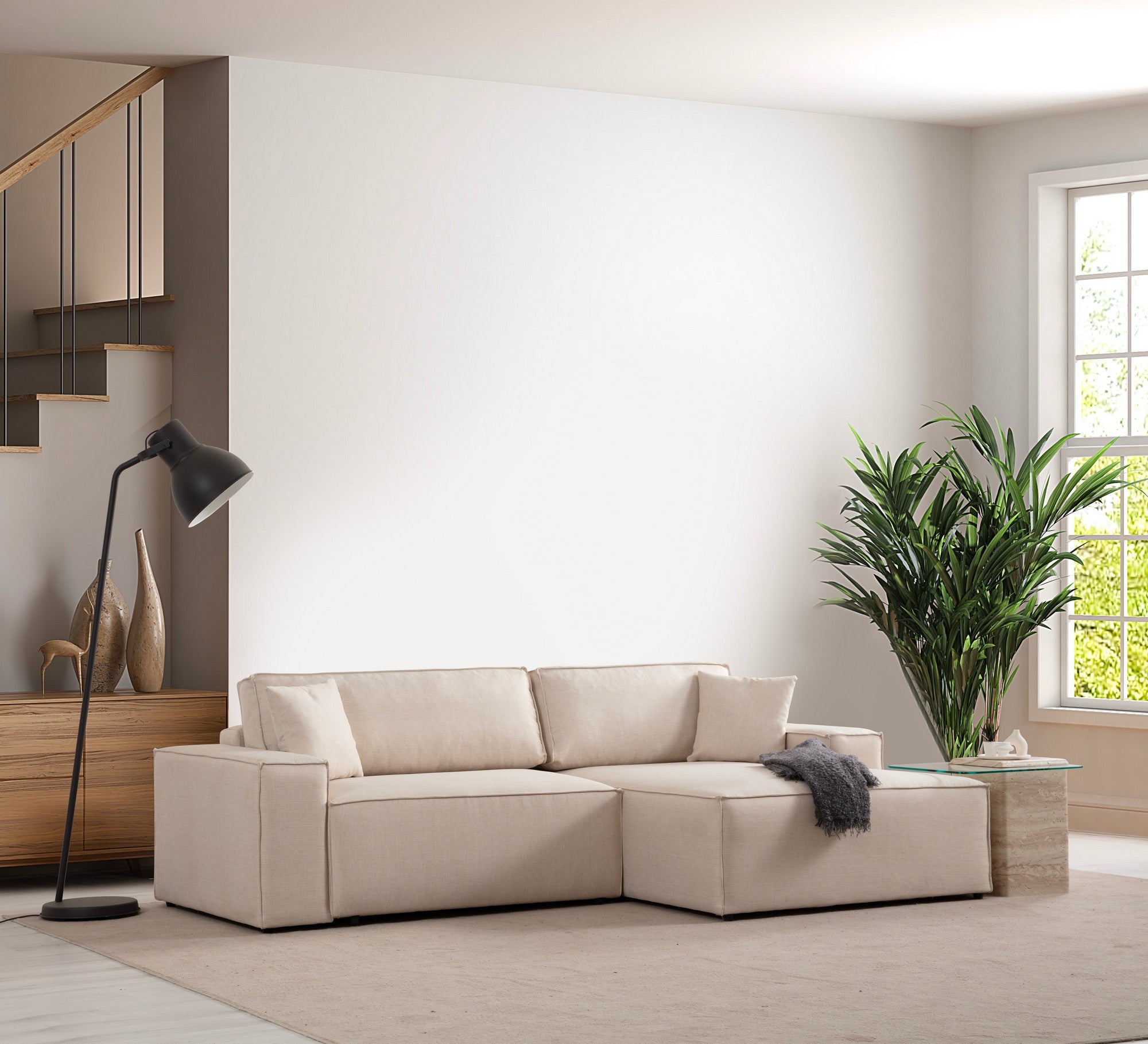 Sofá-cama de canto elegante em cru, estrutura de madeira de faia e aglomerado, 260 cm | 100% poliéster, mecanismo deslizante, espuma macia | Perfeito para espaços de convivência modernos