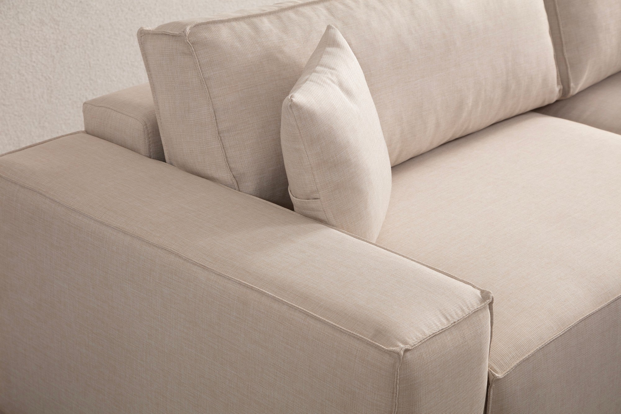 Sofá-cama de canto elegante em cru, estrutura de madeira de faia e aglomerado, 260 cm | 100% poliéster, mecanismo deslizante, espuma macia | Perfeito para espaços de convivência modernos