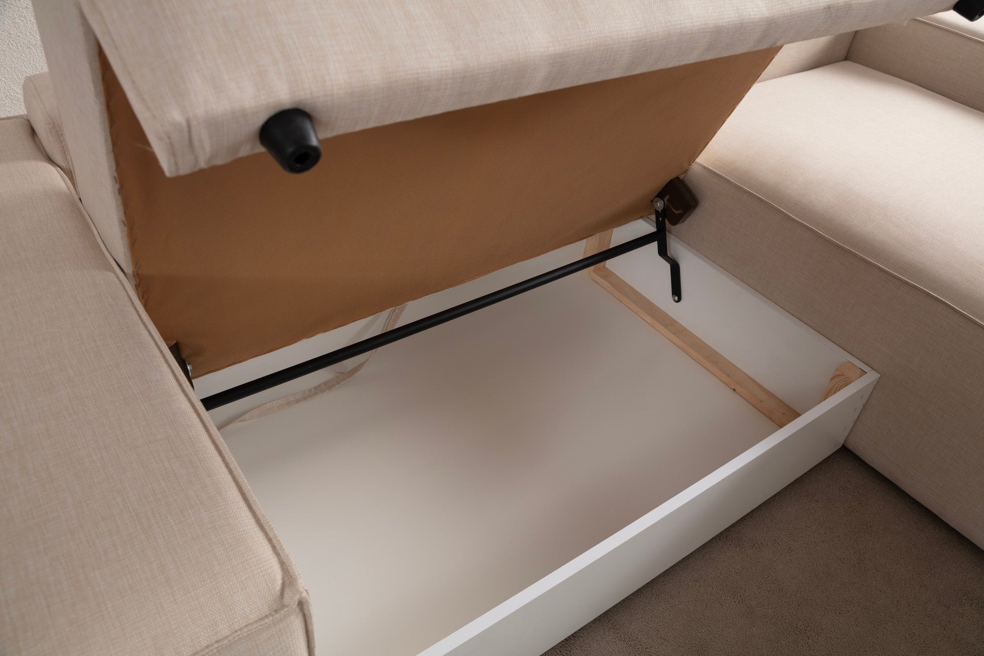 Sofá-cama de canto elegante em cru, estrutura de madeira de faia e aglomerado, 260 cm | 100% poliéster, mecanismo deslizante, espuma macia | Perfeito para espaços de convivência modernos