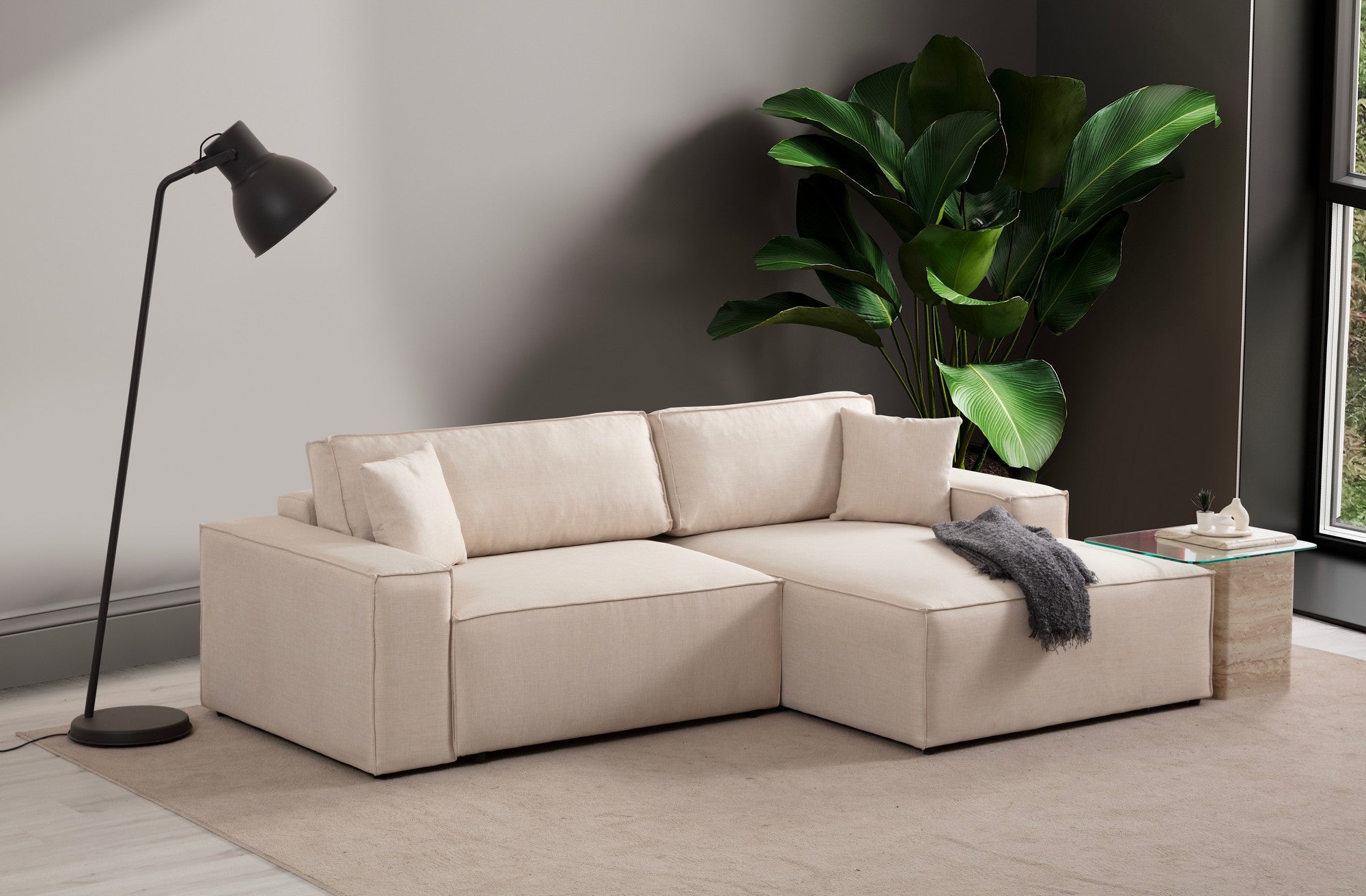 Sofá-cama de canto elegante em cru, estrutura de madeira de faia e aglomerado, 260 cm | 100% poliéster, mecanismo deslizante, espuma macia | Perfeito para espaços de convivência modernos