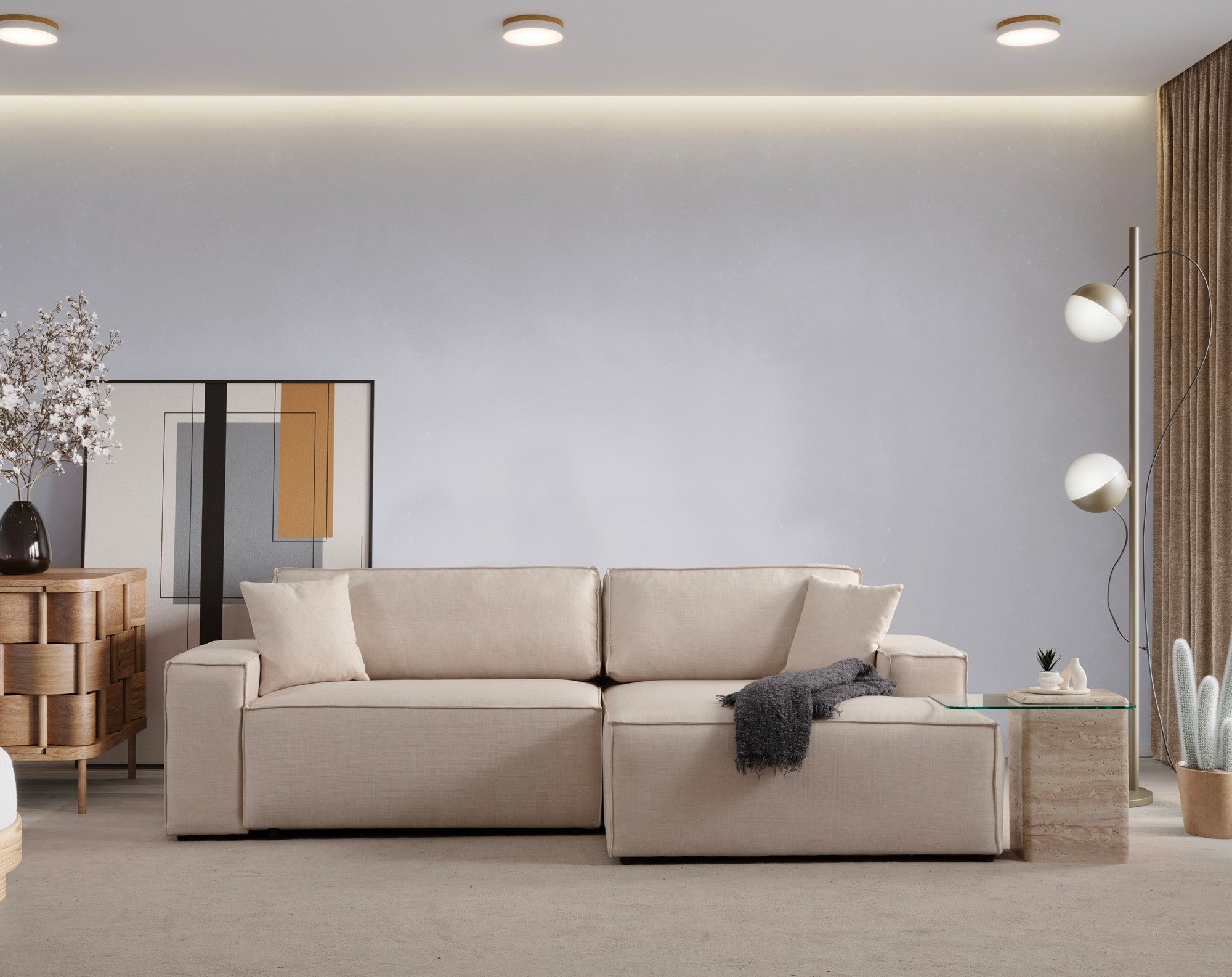 Sofá-cama de canto elegante em cru, estrutura de madeira de faia e aglomerado, 260 cm | 100% poliéster, mecanismo deslizante, espuma macia | Perfeito para espaços de convivência modernos