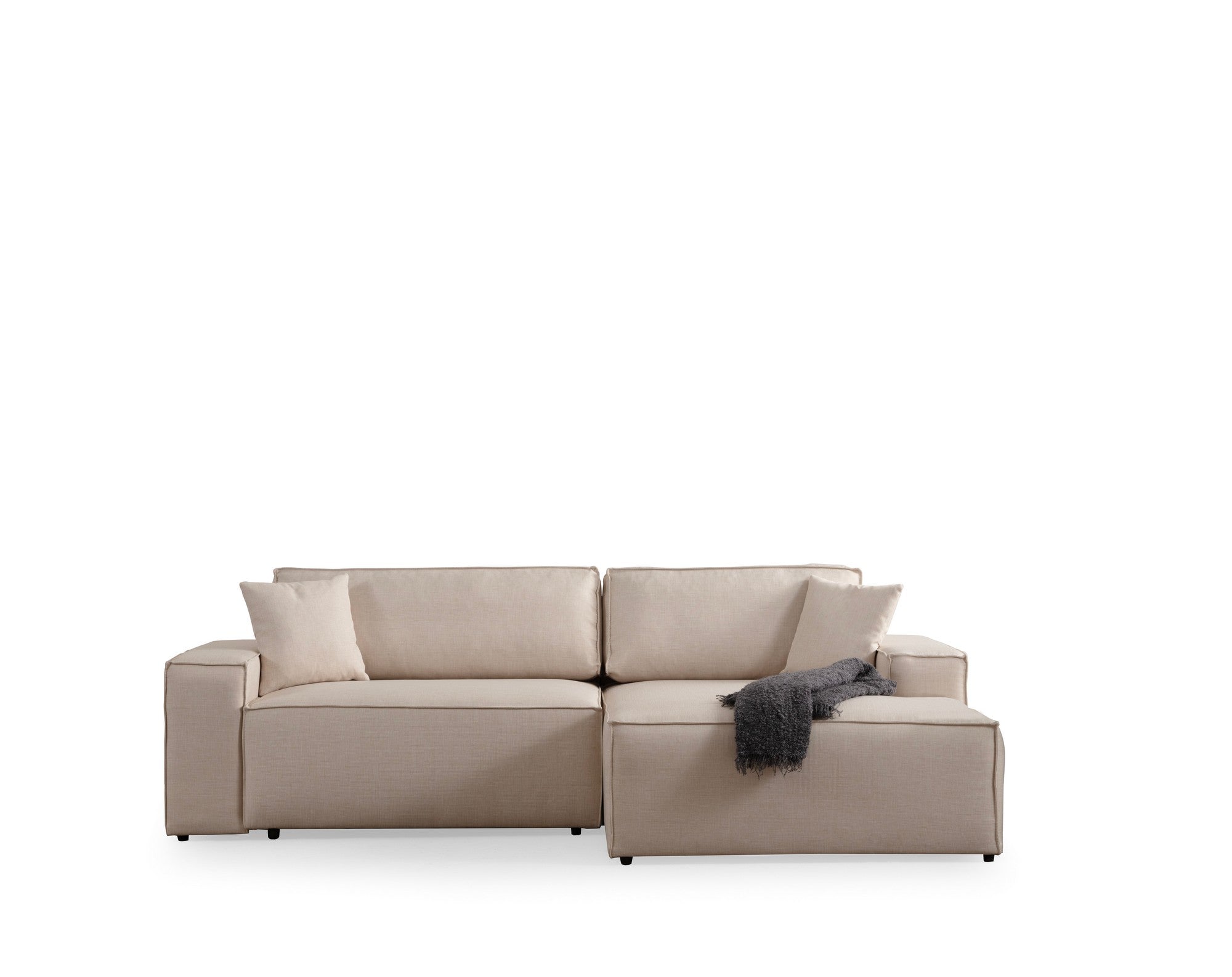 Sofá-cama de canto elegante em cru, estrutura de madeira de faia e aglomerado, 260 cm | 100% poliéster, mecanismo deslizante, espuma macia | Perfeito para espaços de convivência modernos