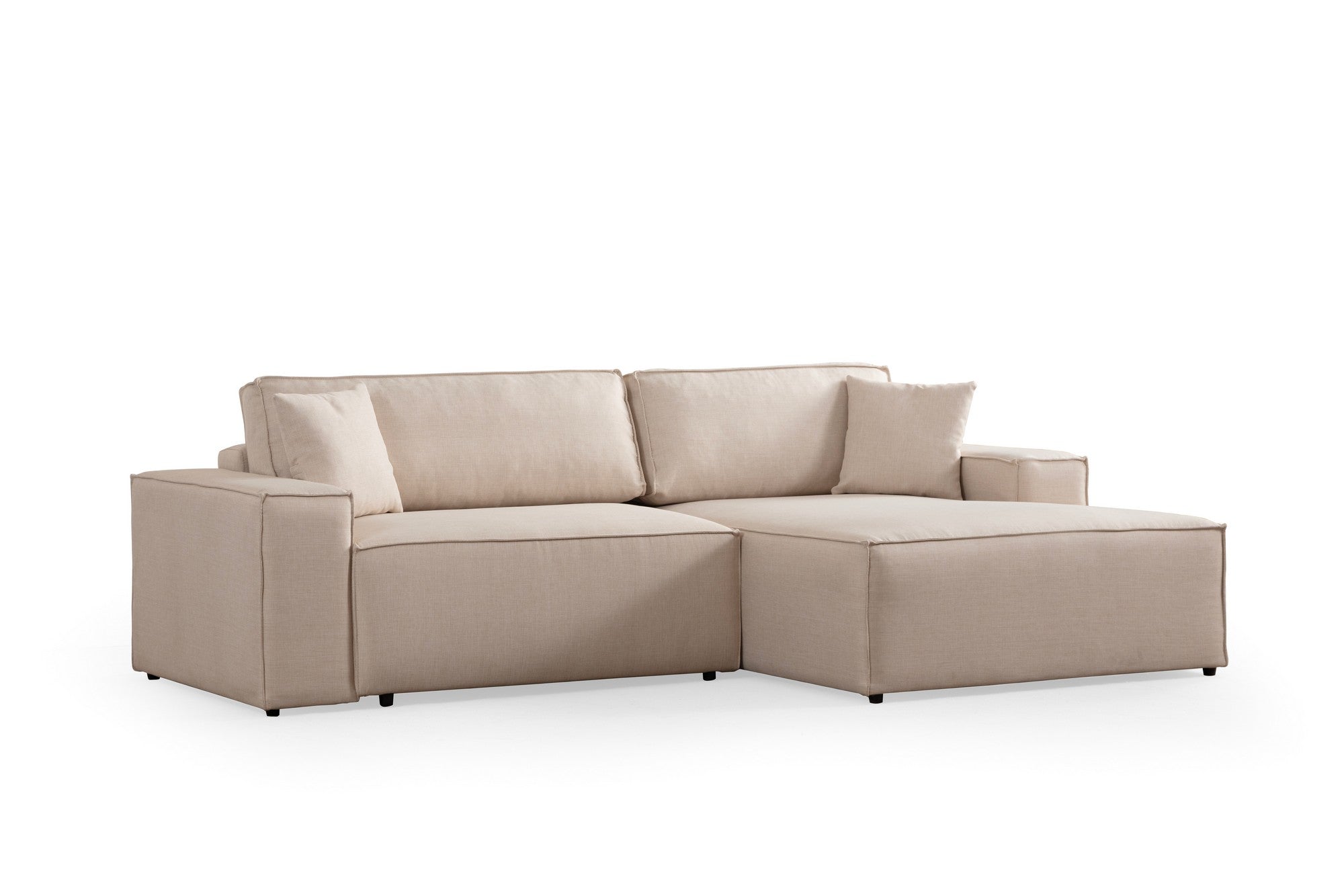 Sofá-cama de canto elegante em cru, estrutura de madeira de faia e aglomerado, 260 cm | 100% poliéster, mecanismo deslizante, espuma macia | Perfeito para espaços de convivência modernos