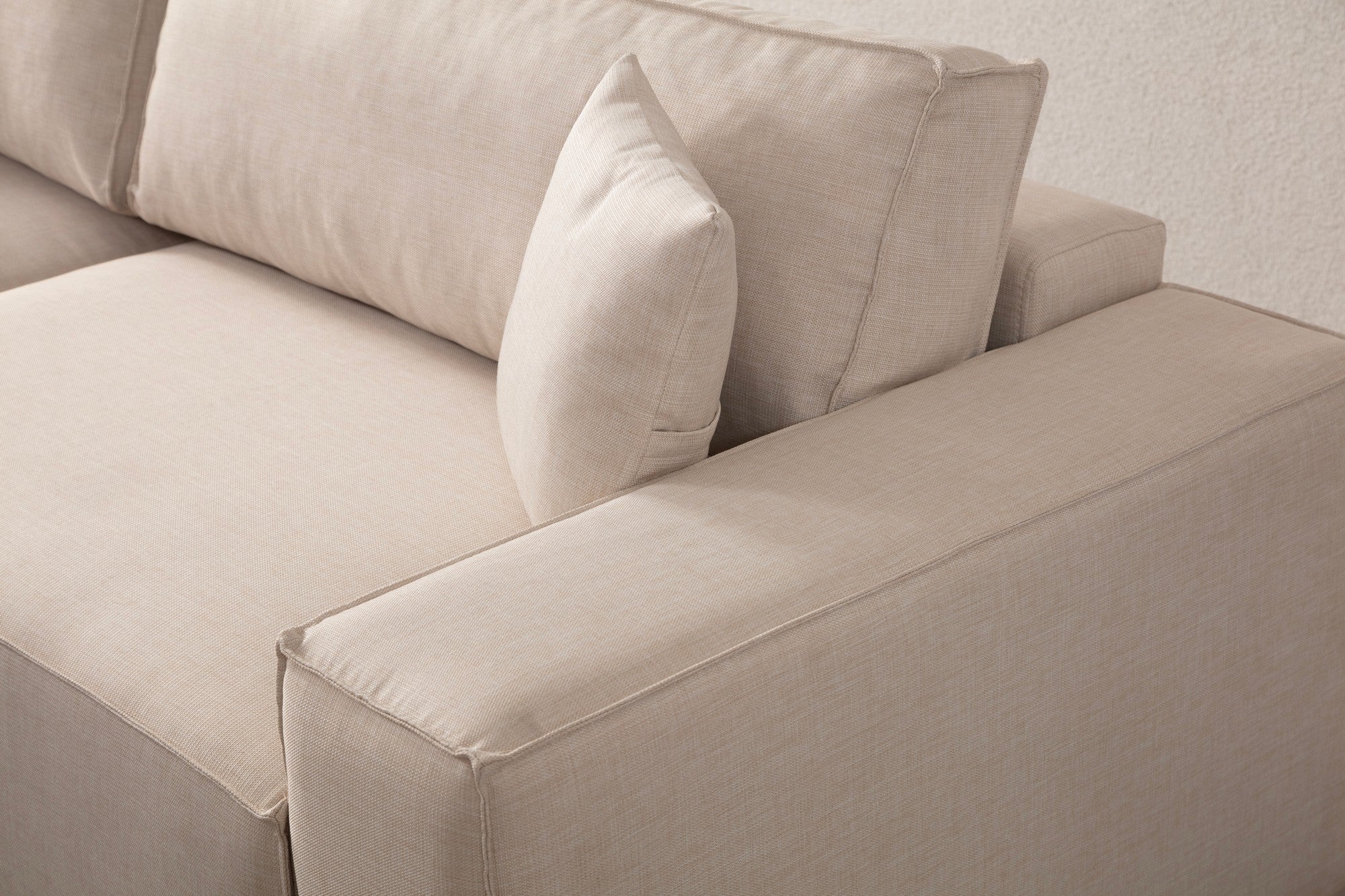 Sofá-cama de canto elegante, cru, 260 cm | Estrutura em madeira de faia e aglomerado, 100% poliéster | Mecanismo deslizante, espuma macia, perfeito para espaços modernos