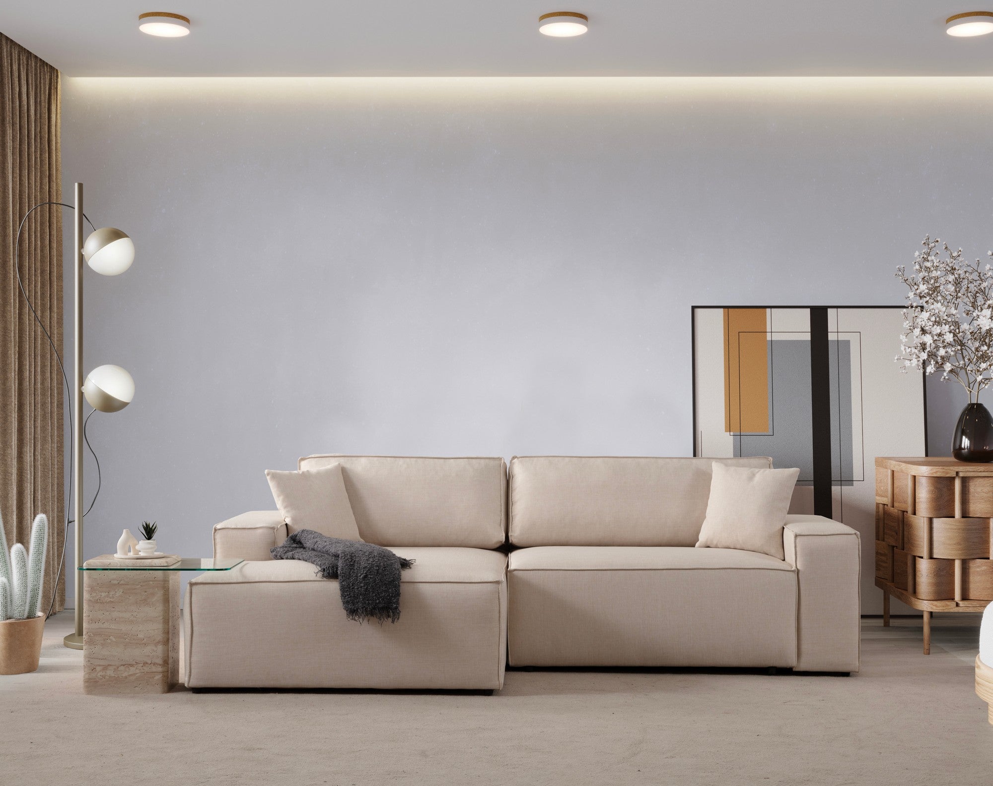 Sofá-cama de canto elegante, cru, 260 cm | Estrutura em madeira de faia e aglomerado, 100% poliéster | Mecanismo deslizante, espuma macia, perfeito para espaços modernos