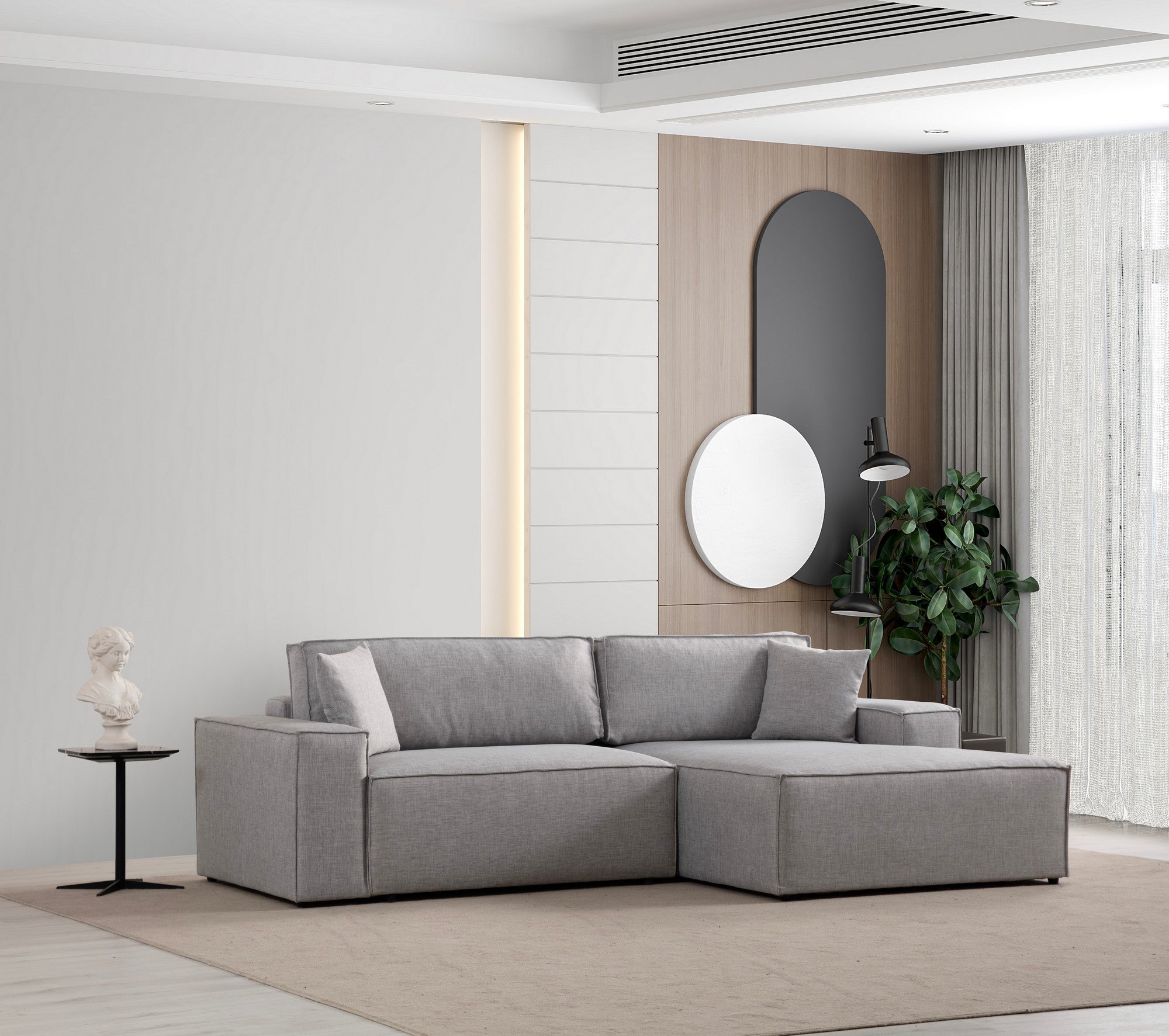 Sofá-cama de canto elegante, cinza claro, 260 cm | Estrutura em madeira de faia e aglomerado, 100% poliéster | Mecanismo deslizante, espuma macia, perfeito para espaços modernos