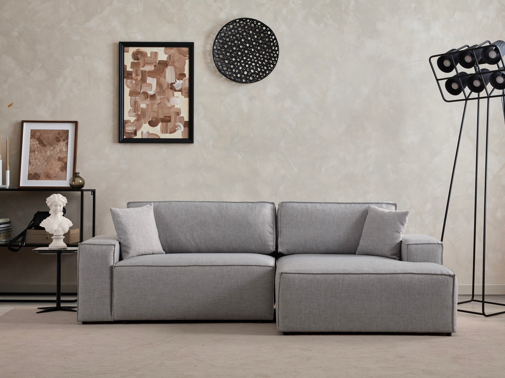 Sofá-cama de canto elegante, cinza claro, 260 cm | Estrutura em madeira de faia e aglomerado, 100% poliéster | Mecanismo deslizante, espuma macia, perfeito para espaços modernos