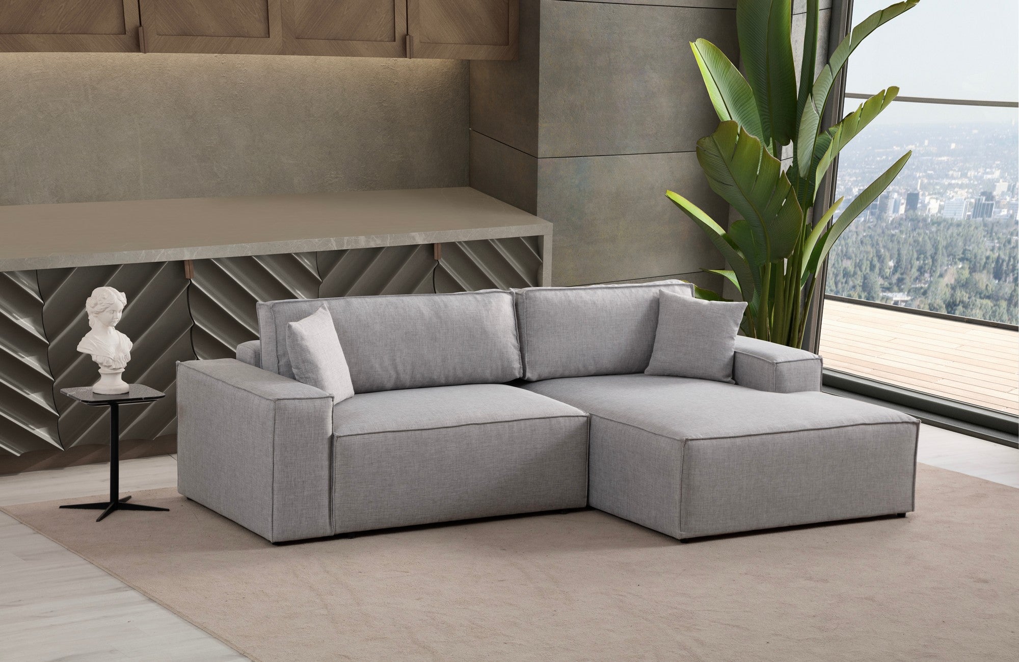 Sofá-cama de canto elegante, cinza claro, 260 cm | Estrutura em madeira de faia e aglomerado, 100% poliéster | Mecanismo deslizante, espuma macia, perfeito para espaços modernos