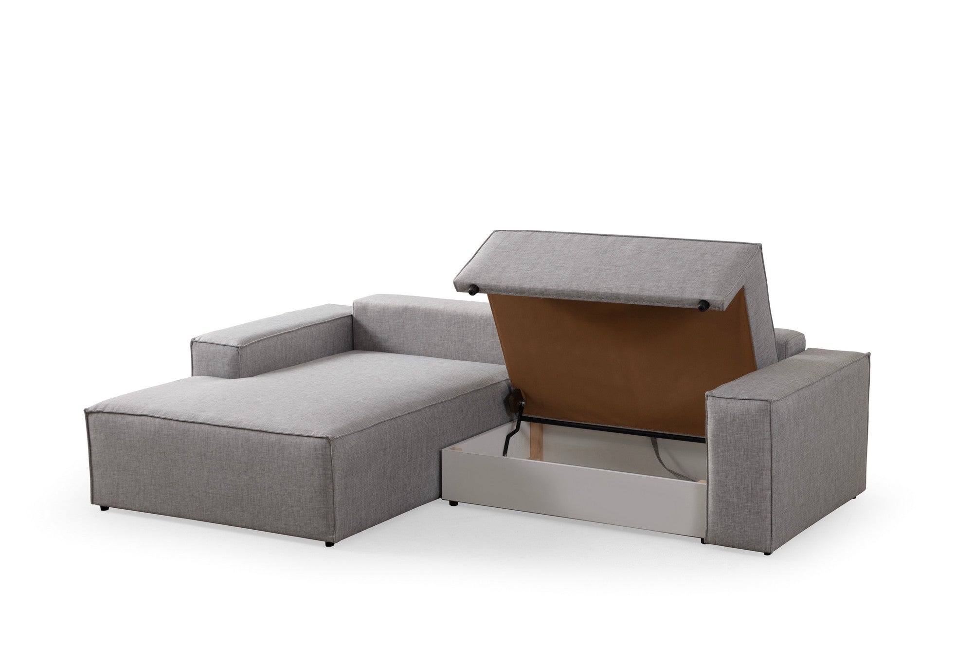 Sofá-cama de canto elegante, cinza claro, 260 cm | Estrutura em madeira de faia e aglomerado, 100% poliéster | Mecanismo deslizante, tecido lavável a seco, design moderno