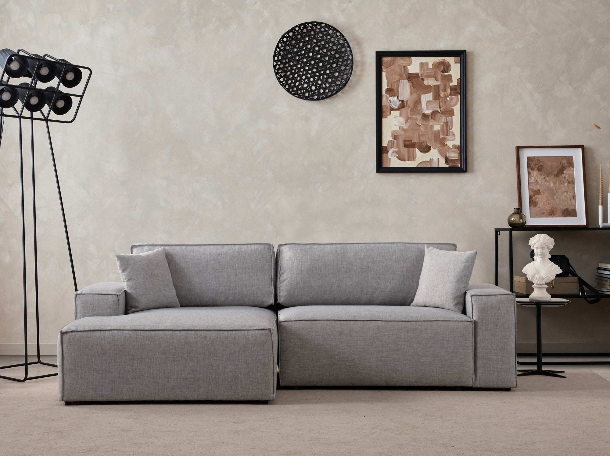 Sofá-cama de canto elegante, cinza claro, 260 cm | Estrutura em madeira de faia e aglomerado, 100% poliéster | Mecanismo deslizante, tecido lavável a seco, design moderno