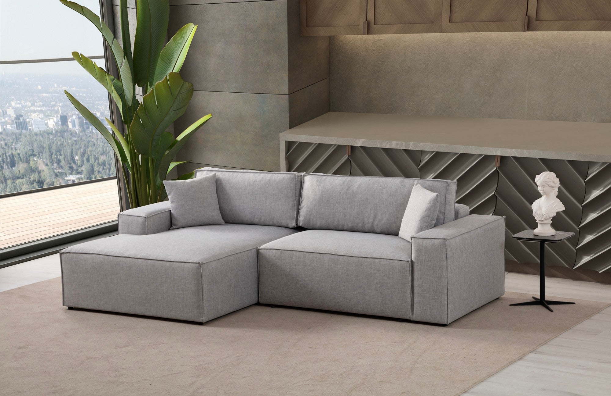 Sofá-cama de canto elegante, cinza claro, 260 cm | Estrutura em madeira de faia e aglomerado, 100% poliéster | Mecanismo deslizante, tecido lavável a seco, design moderno