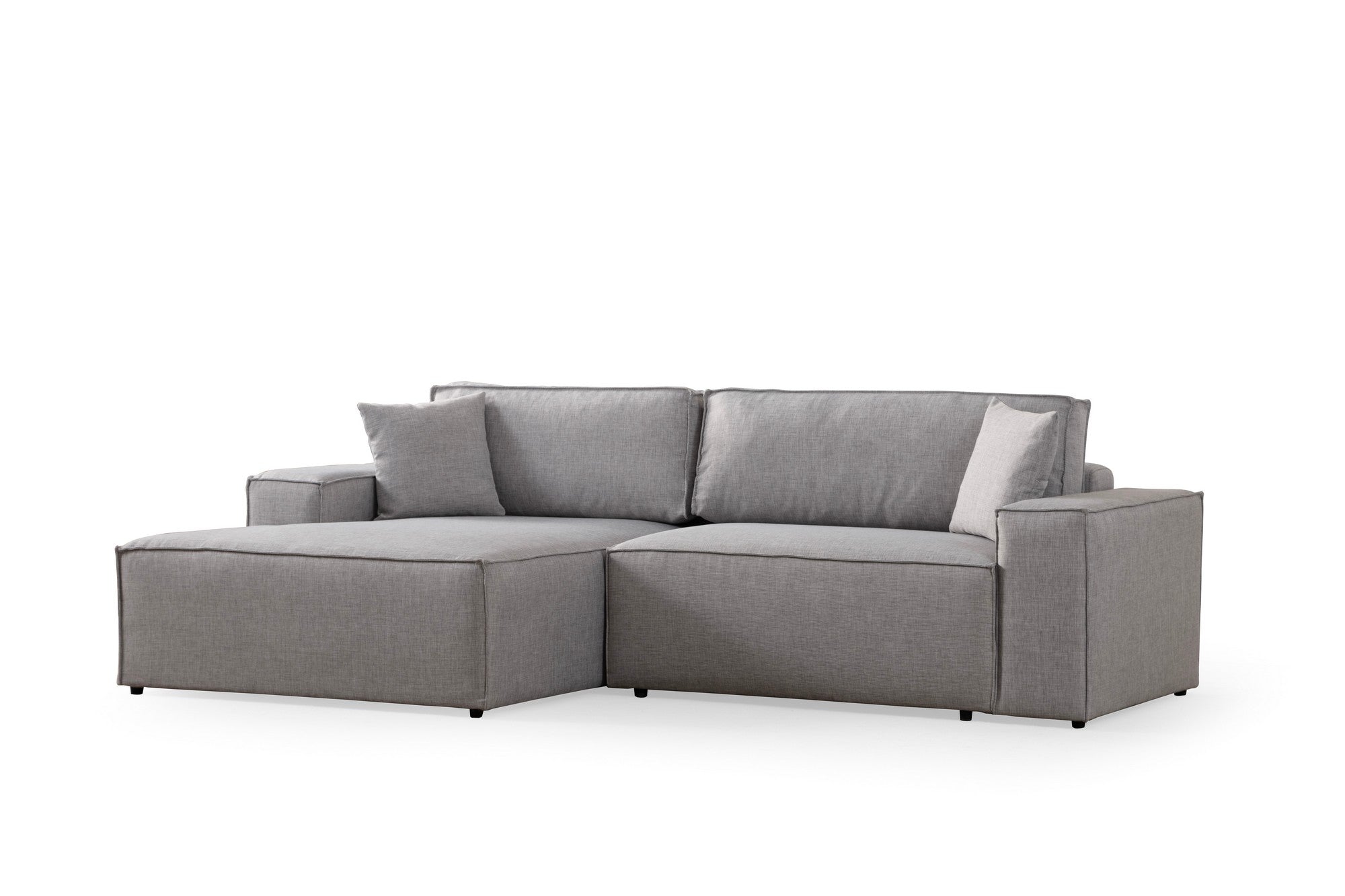 Sofá-cama de canto elegante, cinza claro, 260 cm | Estrutura em madeira de faia e aglomerado, 100% poliéster | Mecanismo deslizante, tecido lavável a seco, design moderno