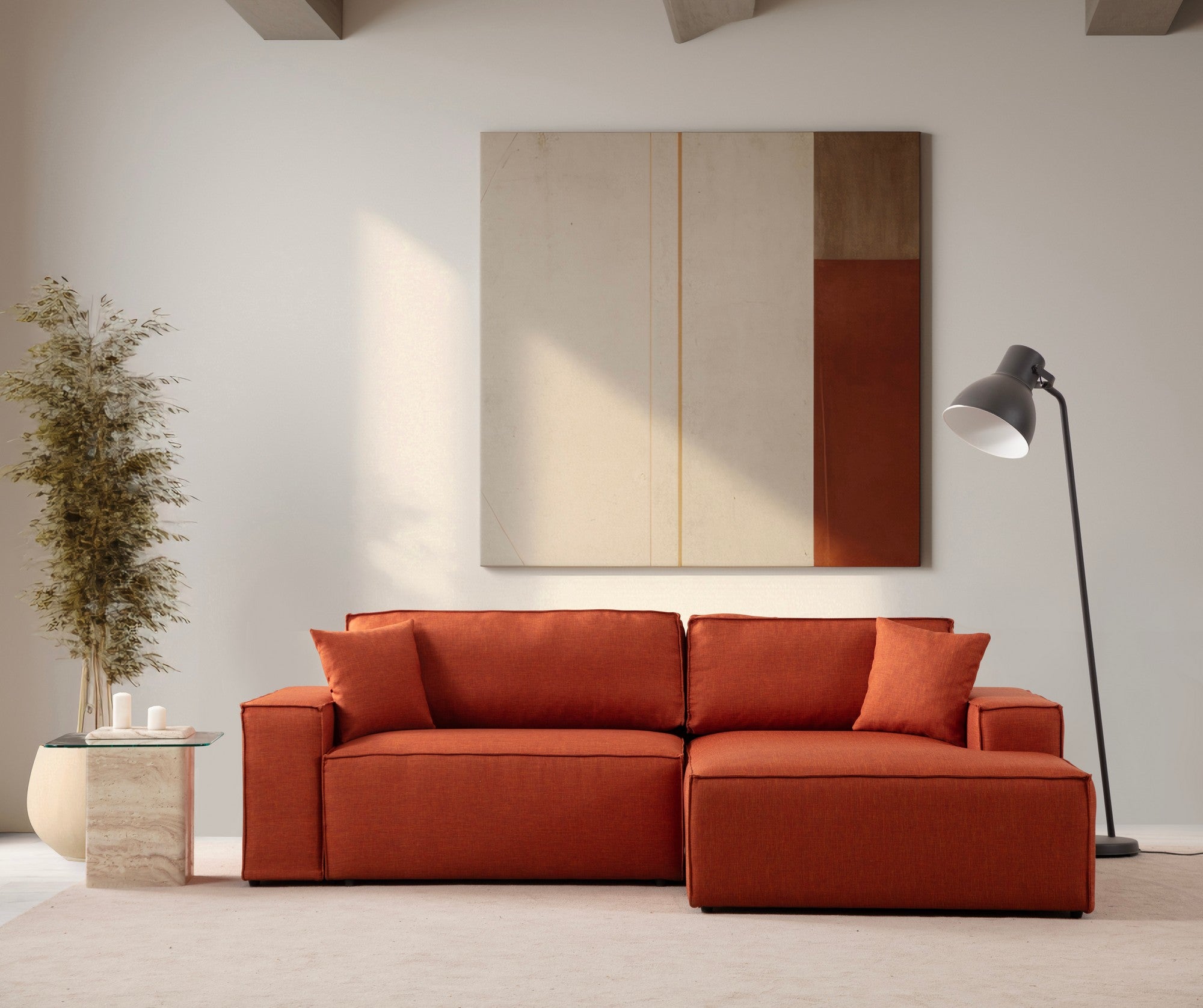 Sofá-cama de canto elegante, laranja, 260 cm | Estrutura em madeira de faia e aglomerado, 100% poliéster | Mecanismo deslizante, espuma macia, perfeito para espaços modernos