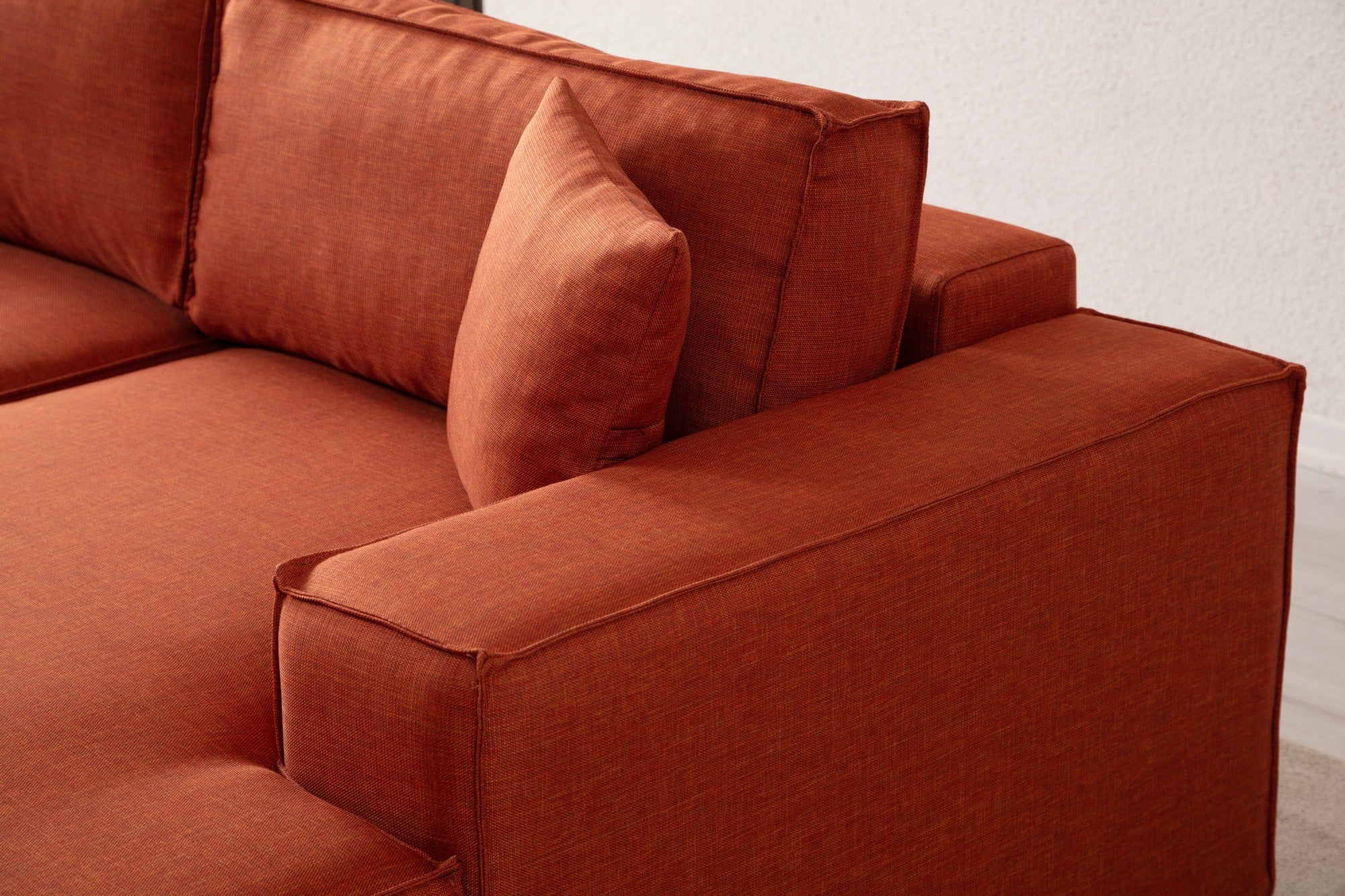 Sofá-cama de canto elegante, laranja, 260 cm | Estrutura em madeira de faia e aglomerado, 100% poliéster | Mecanismo deslizante, espuma macia, perfeito para espaços modernos