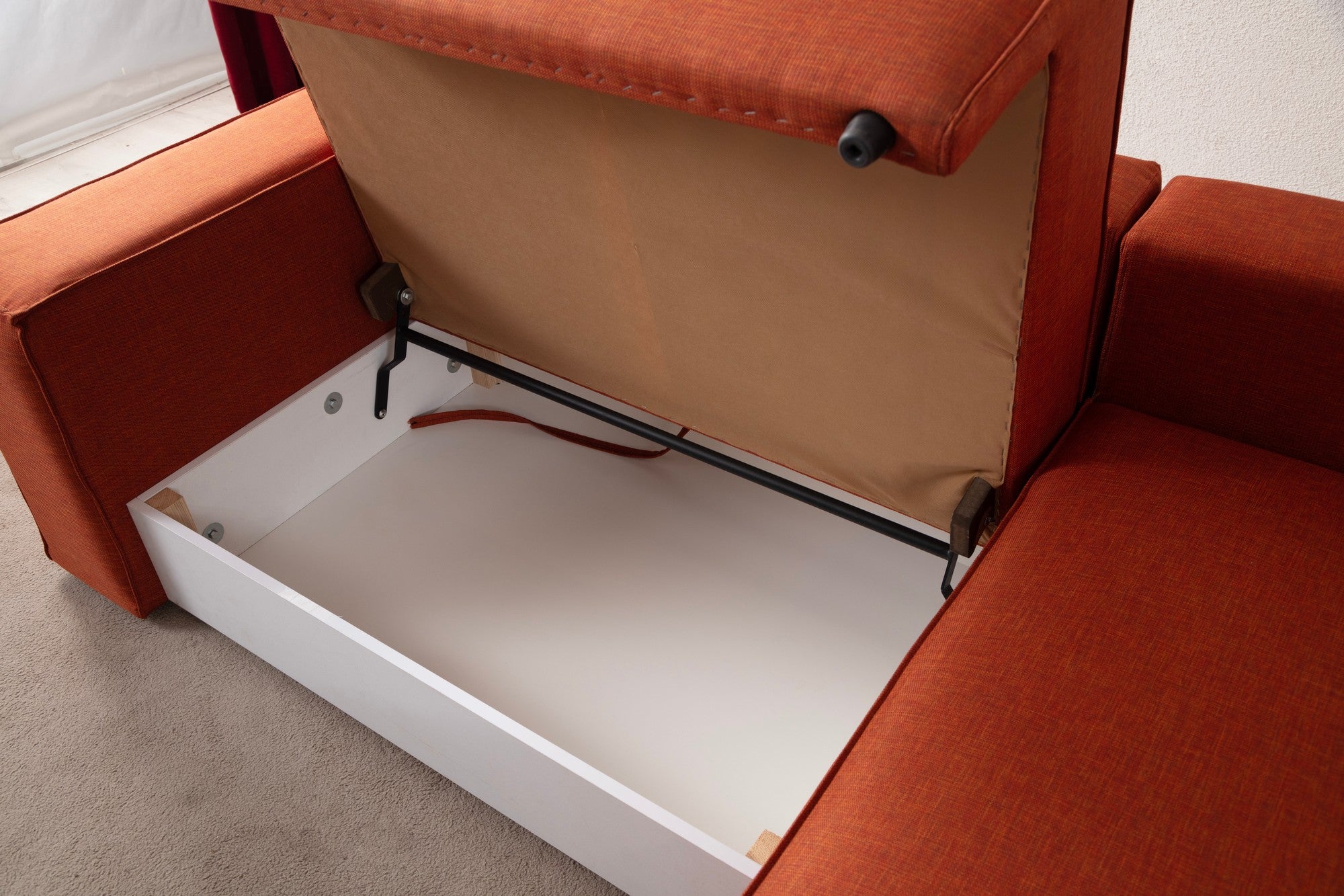Sofá-cama de canto elegante, laranja, 260 cm | Estrutura em madeira de faia e aglomerado, 100% poliéster | Mecanismo deslizante, espuma macia, perfeito para espaços modernos