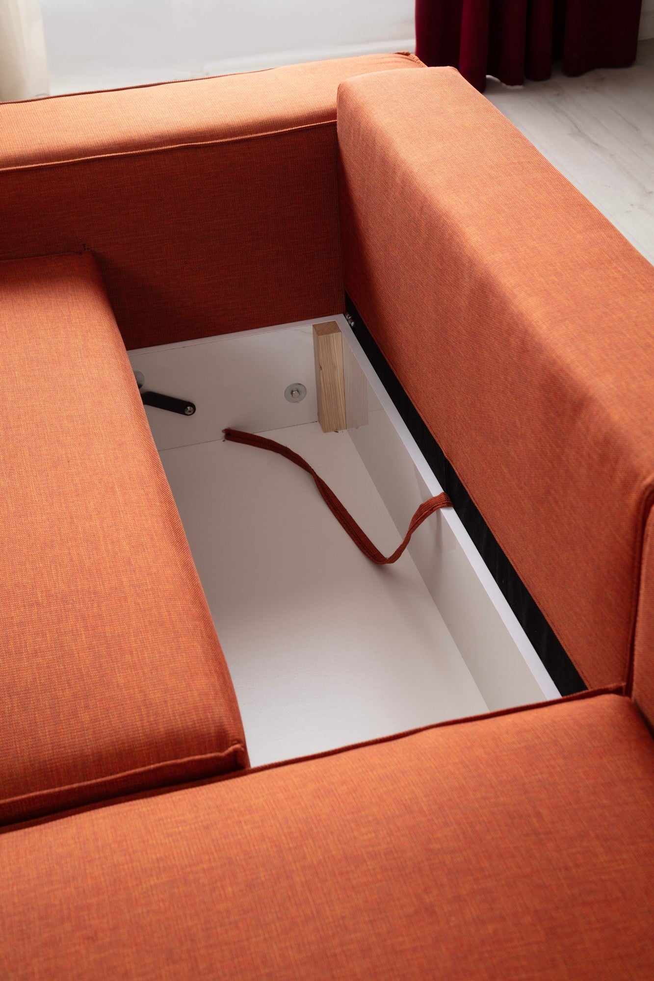 Sofá-cama de canto elegante, laranja, 260 cm | Estrutura em madeira de faia e aglomerado, 100% poliéster | Mecanismo deslizante, espuma macia, perfeito para espaços modernos