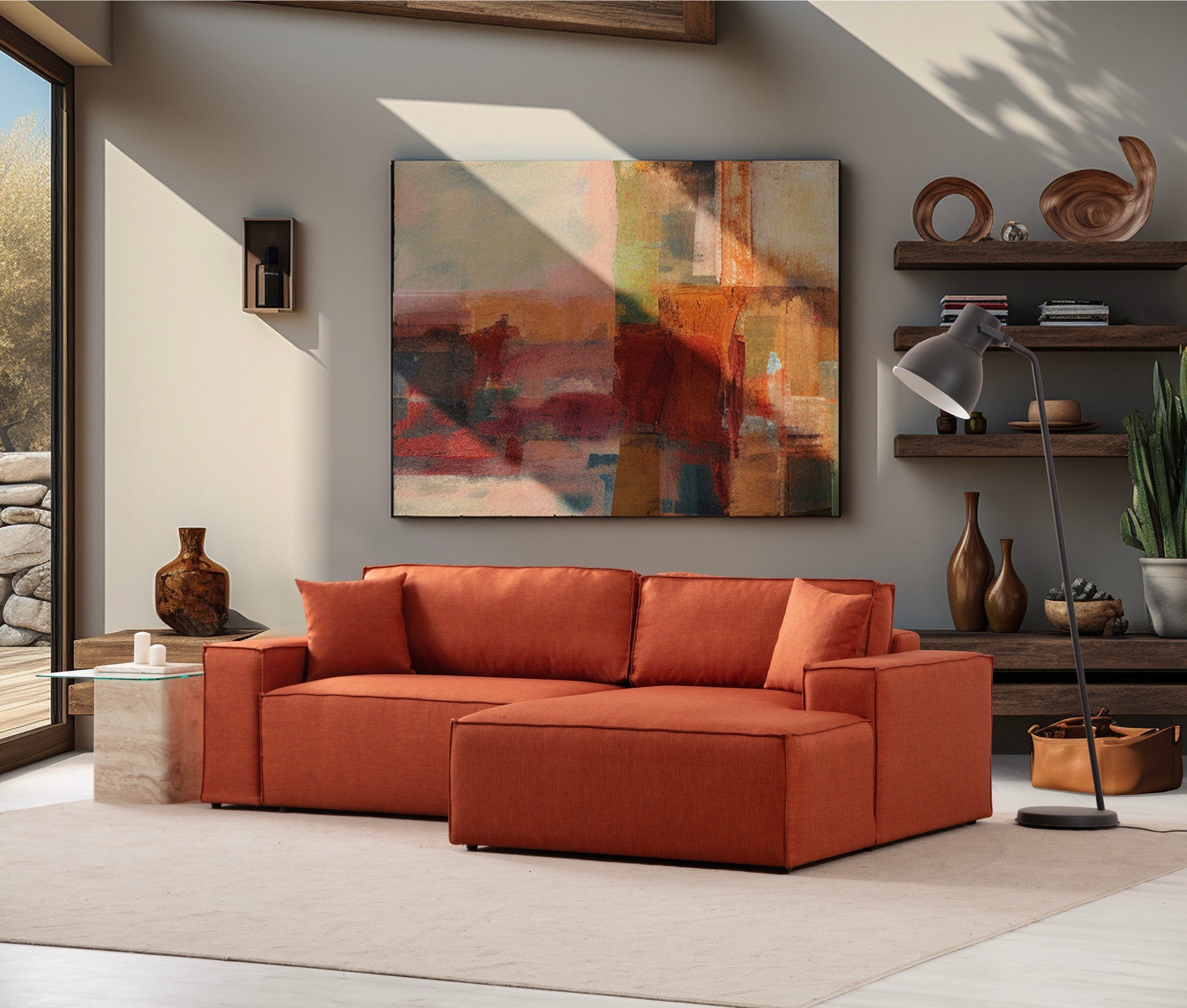 Sofá-cama de canto elegante, laranja, 260 cm | Estrutura em madeira de faia e aglomerado, 100% poliéster | Mecanismo deslizante, espuma macia, perfeito para espaços modernos
