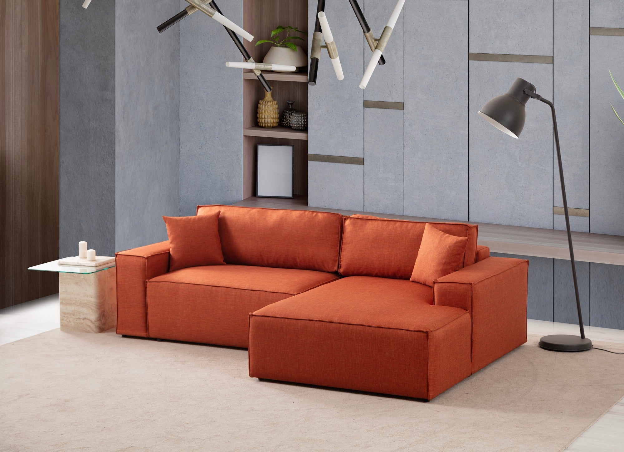 Sofá-cama de canto elegante, laranja, 260 cm | Estrutura em madeira de faia e aglomerado, 100% poliéster | Mecanismo deslizante, espuma macia, perfeito para espaços modernos