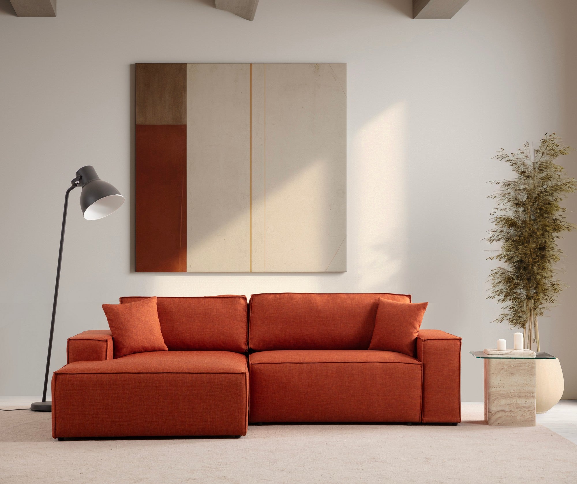 Sofá-cama de canto elegante, laranja, 260 cm | Estrutura em madeira de faia e aglomerado, 100% poliéster | Mecanismo deslizante, espuma macia, perfeito para espaços modernos