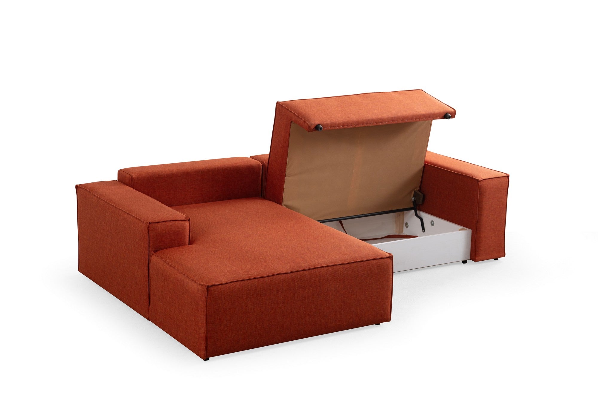 Sofá-cama de canto elegante, laranja, 260 cm | Estrutura em madeira de faia e aglomerado, 100% poliéster | Mecanismo deslizante, espuma macia, perfeito para espaços modernos