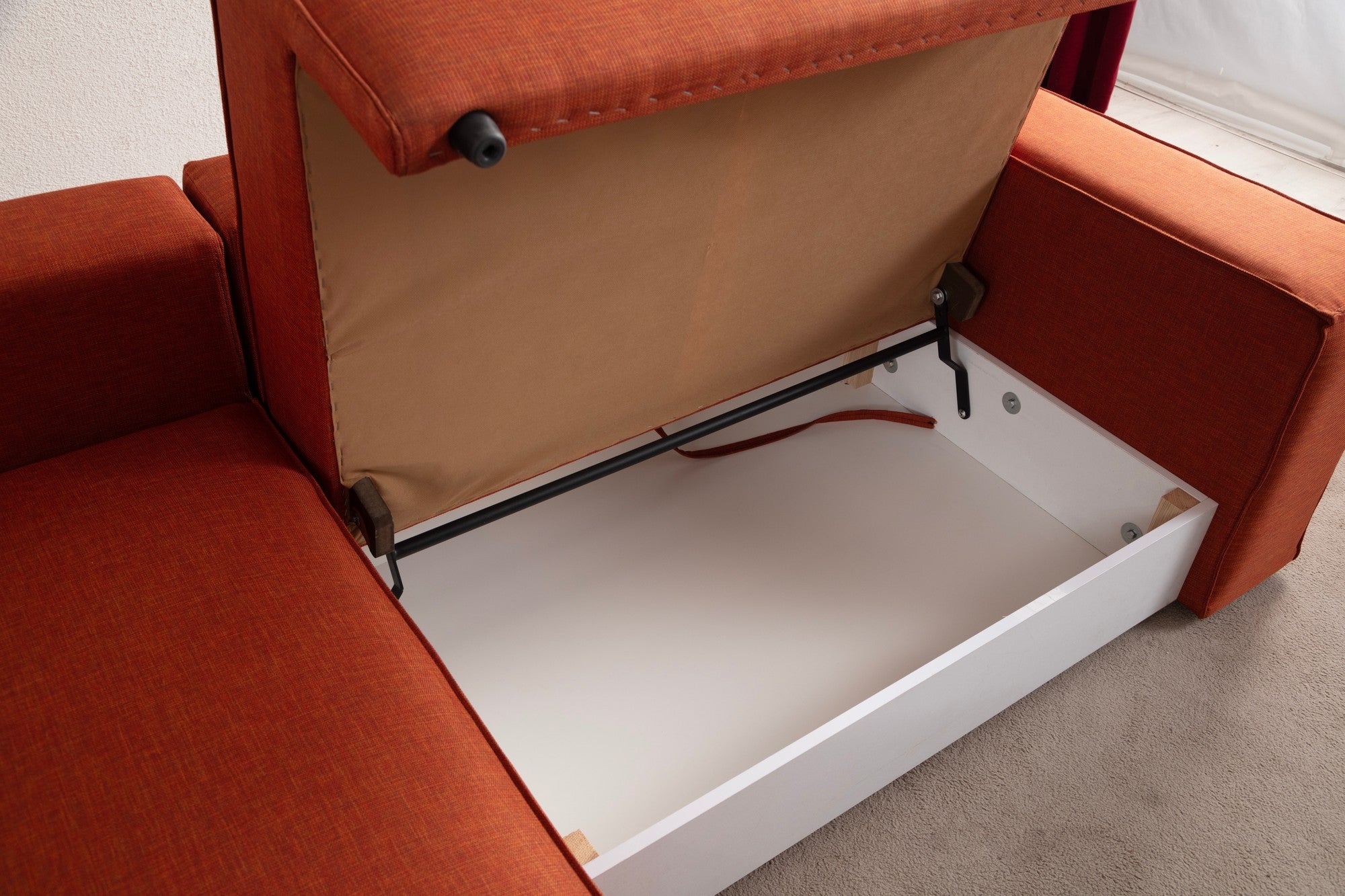 Sofá-cama de canto elegante, laranja, 260 cm | Estrutura em madeira de faia e aglomerado, 100% poliéster | Mecanismo deslizante, espuma macia, perfeito para espaços modernos