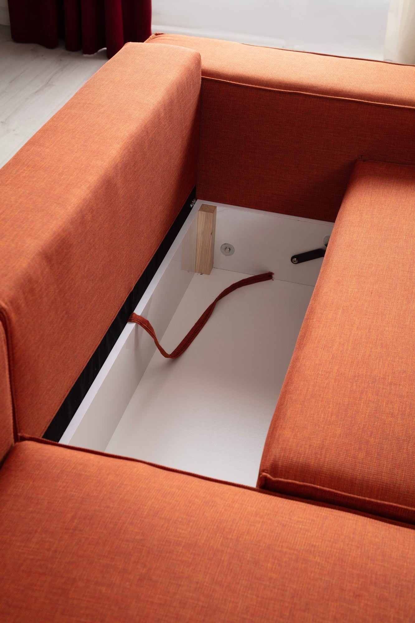Sofá-cama de canto elegante, laranja, 260 cm | Estrutura em madeira de faia e aglomerado, 100% poliéster | Mecanismo deslizante, espuma macia, perfeito para espaços modernos
