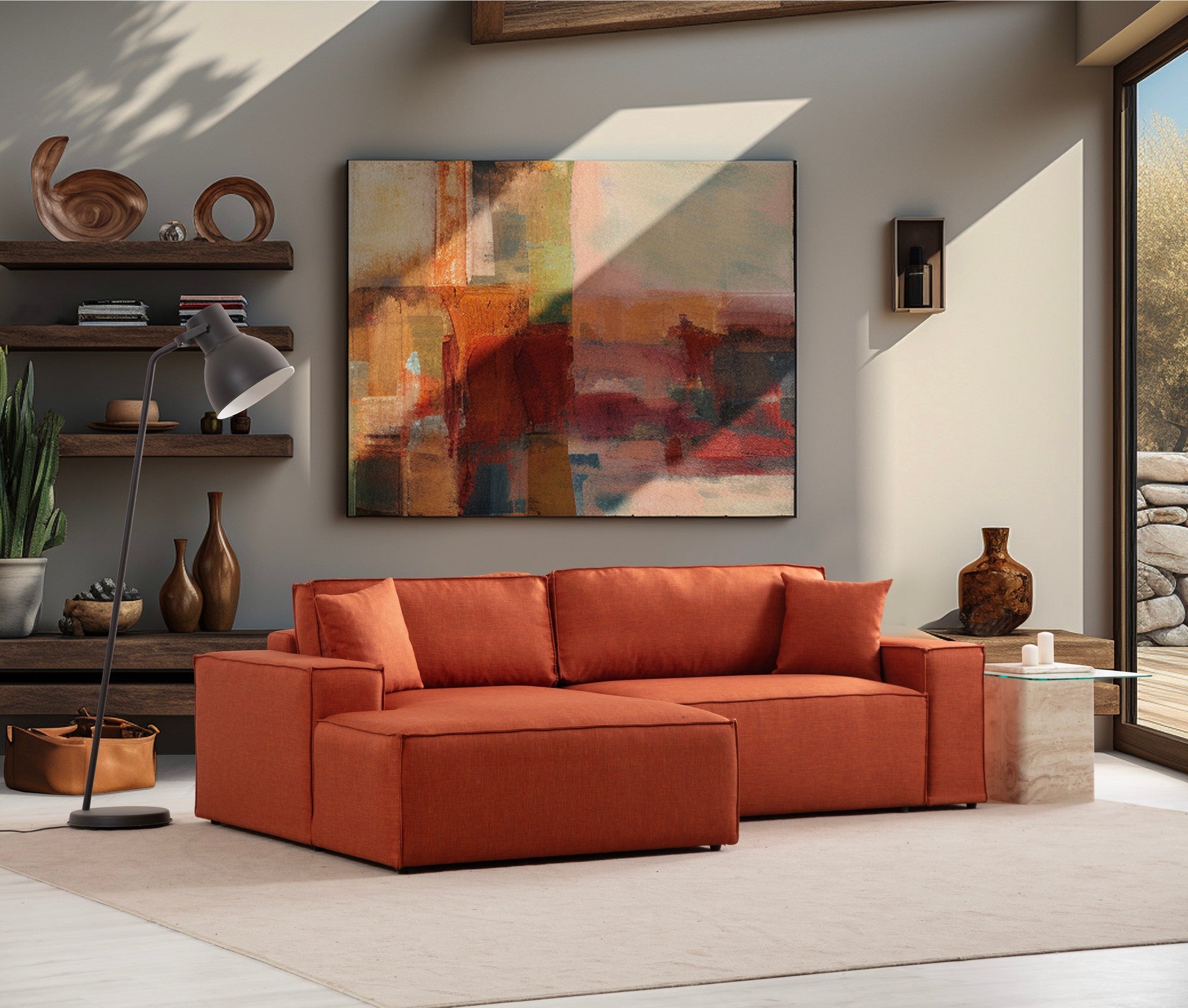 Sofá-cama de canto elegante, laranja, 260 cm | Estrutura em madeira de faia e aglomerado, 100% poliéster | Mecanismo deslizante, espuma macia, perfeito para espaços modernos