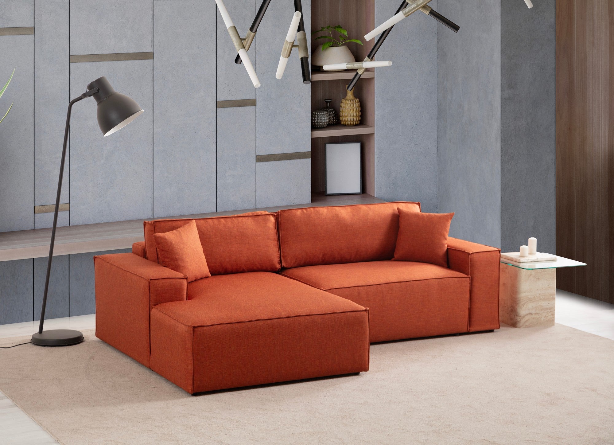 Sofá-cama de canto elegante, laranja, 260 cm | Estrutura em madeira de faia e aglomerado, 100% poliéster | Mecanismo deslizante, espuma macia, perfeito para espaços modernos