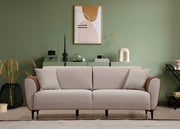Sofá-cama elegante de 3 lugares, estrutura em madeira de faia e aglomerado, 215 cm | 100% poliéster, mecanismo giratório nas costas, bege e canela | Perfeito para espaços modernos