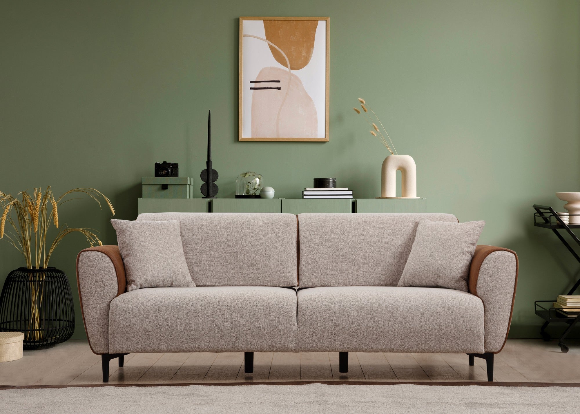 Sofá-cama elegante de 3 lugares, estrutura em madeira de faia e aglomerado, 215 cm | 100% poliéster, mecanismo giratório nas costas, bege e canela | Perfeito para espaços modernos