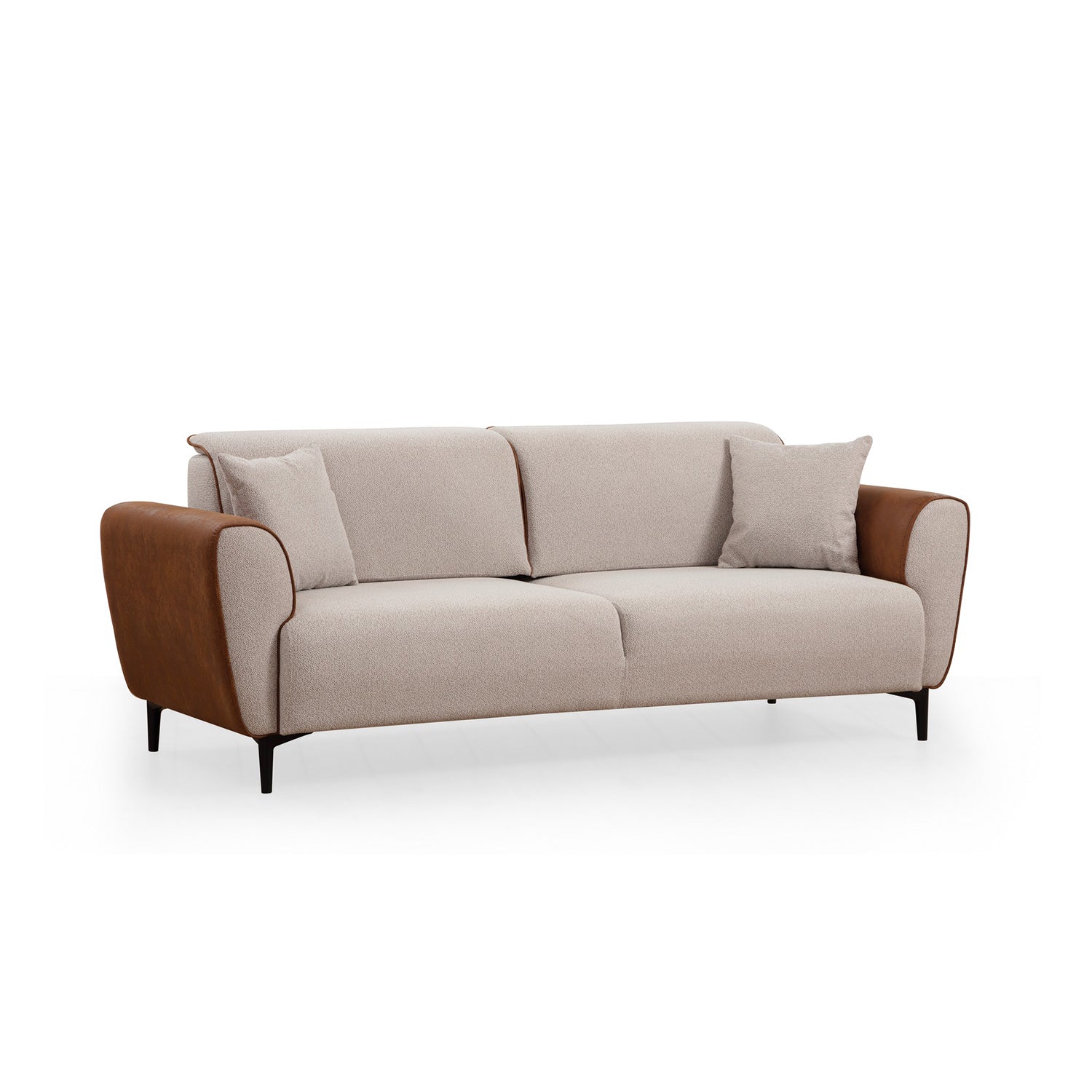 Sofá-cama elegante de 3 lugares, estrutura em madeira de faia e aglomerado, 215 cm | 100% poliéster, mecanismo giratório nas costas, bege e canela | Perfeito para espaços modernos