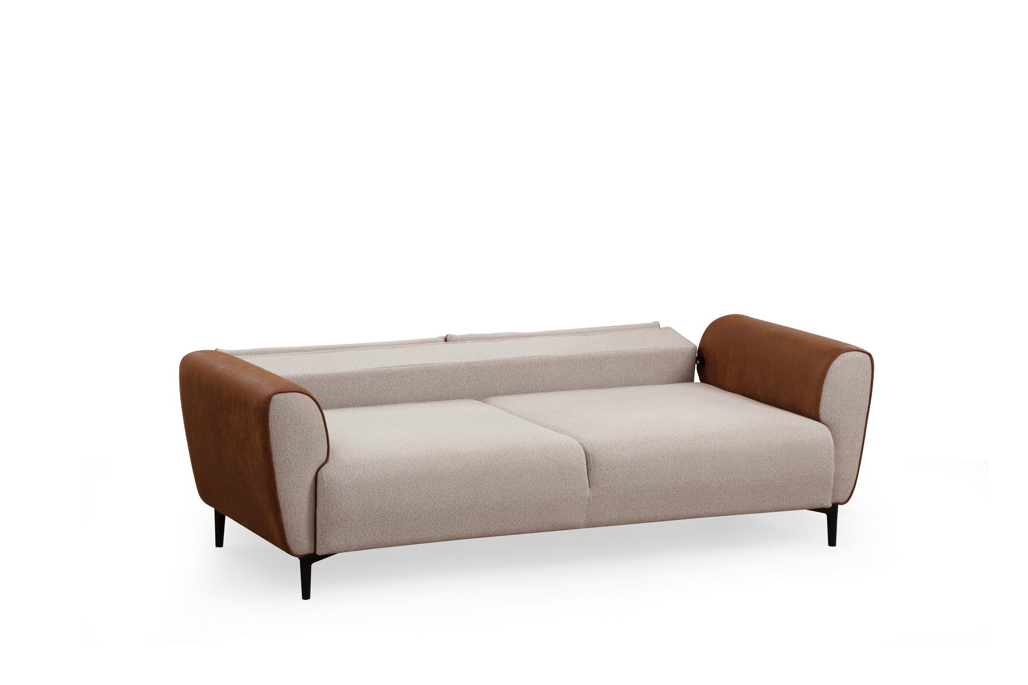 Sofá-cama elegante de 3 lugares, estrutura em madeira de faia e aglomerado, 215 cm | 100% poliéster, mecanismo giratório nas costas, bege e canela | Perfeito para espaços modernos