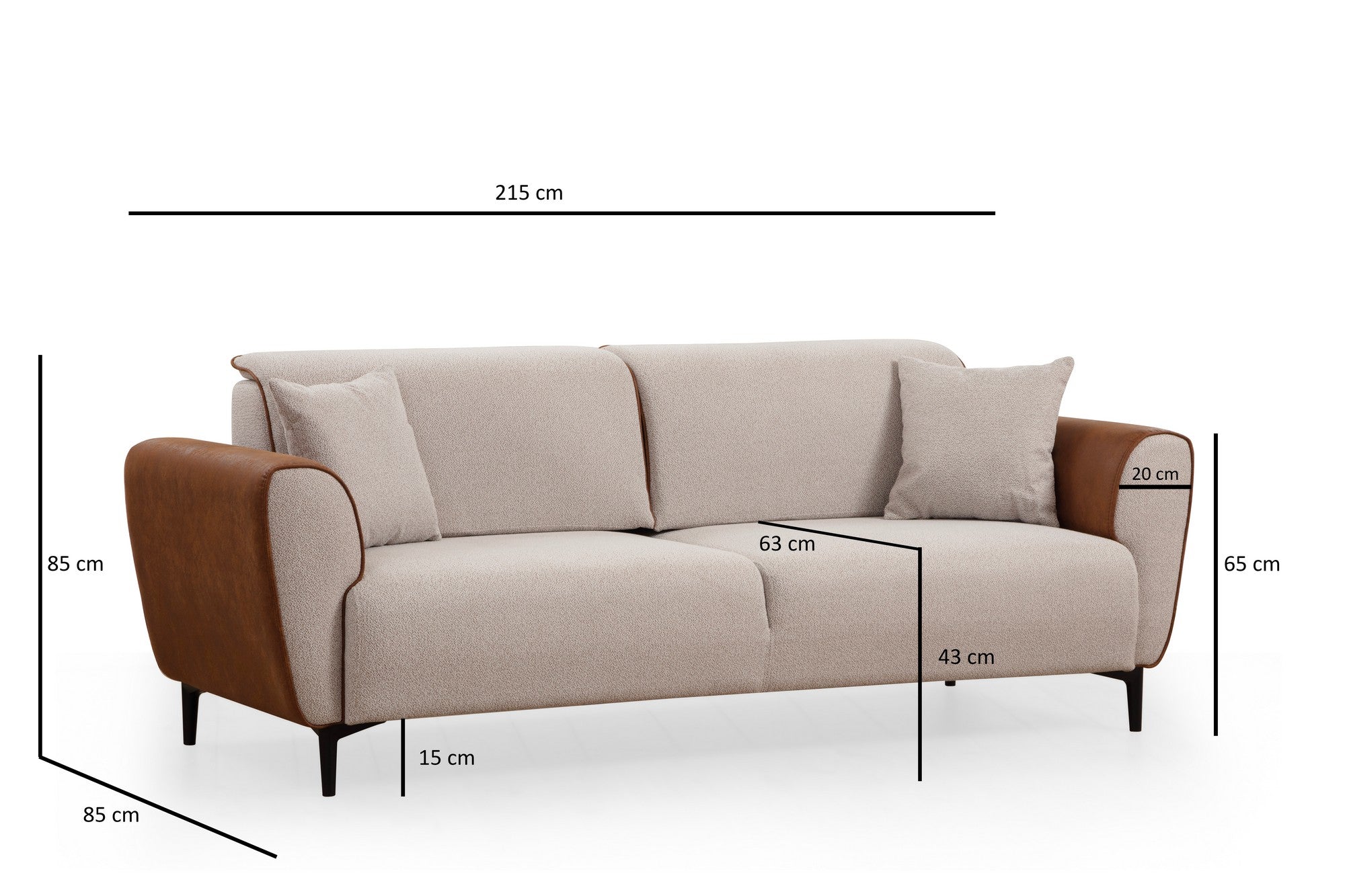 Sofá-cama elegante de 3 lugares, estrutura em madeira de faia e aglomerado, 215 cm | 100% poliéster, mecanismo giratório nas costas, bege e canela | Perfeito para espaços modernos
