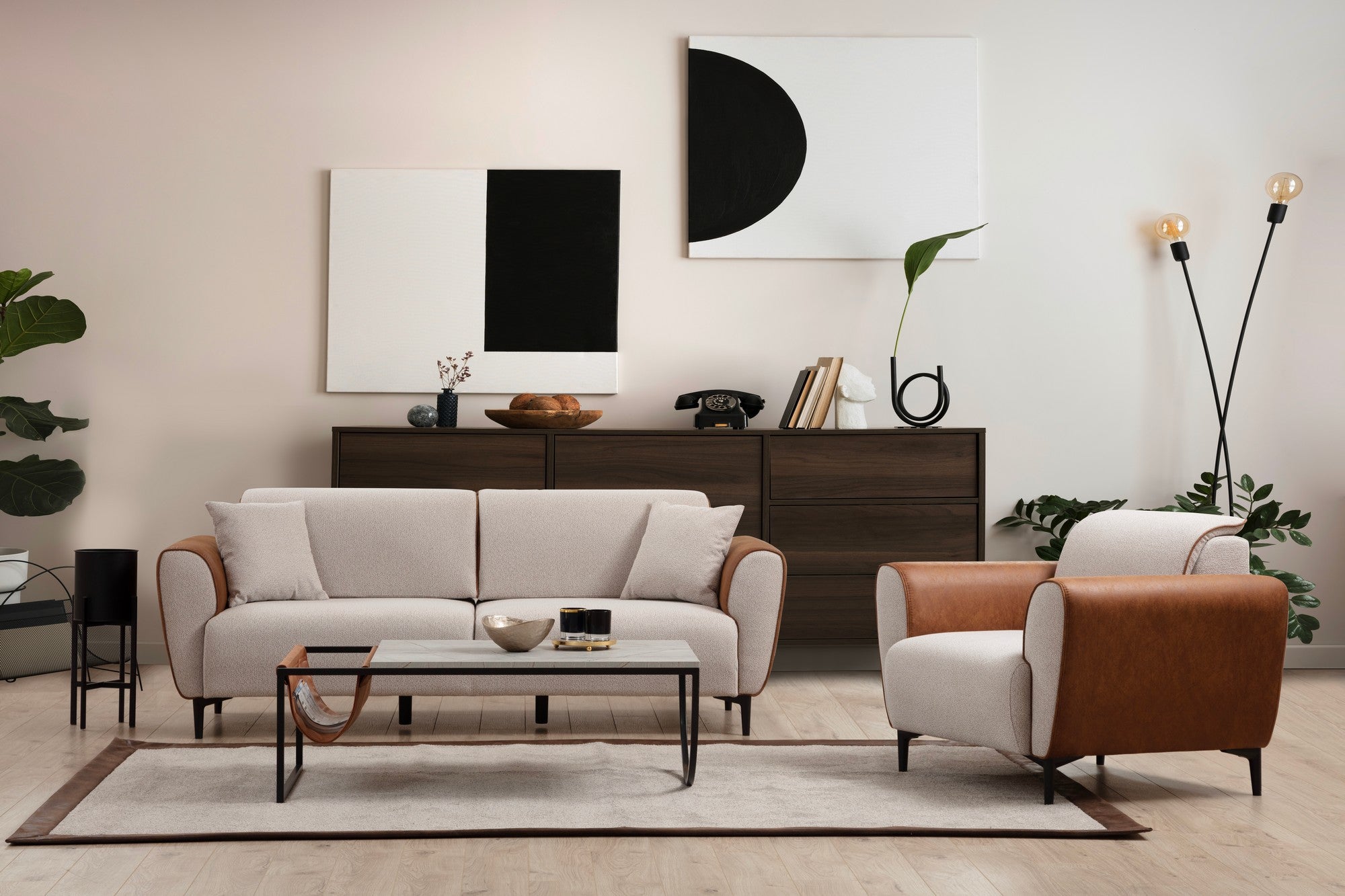 Sofá-cama elegante de 3 lugares, estrutura em madeira de faia e aglomerado, 215 cm | 100% poliéster, mecanismo giratório nas costas, bege e canela | Perfeito para espaços modernos
